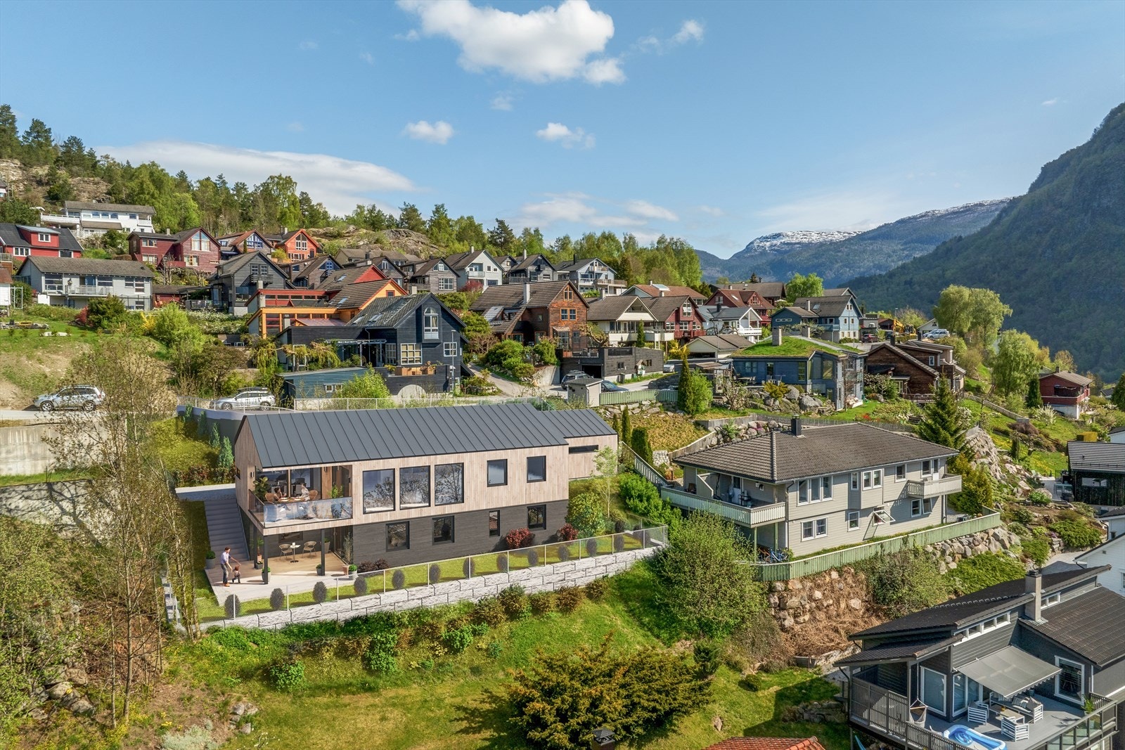Nokre av bileta er 3D-redigerte for å gi eit inntrykk av korleis tomta kan sjå ut med eit bustadhus. Galleribilde