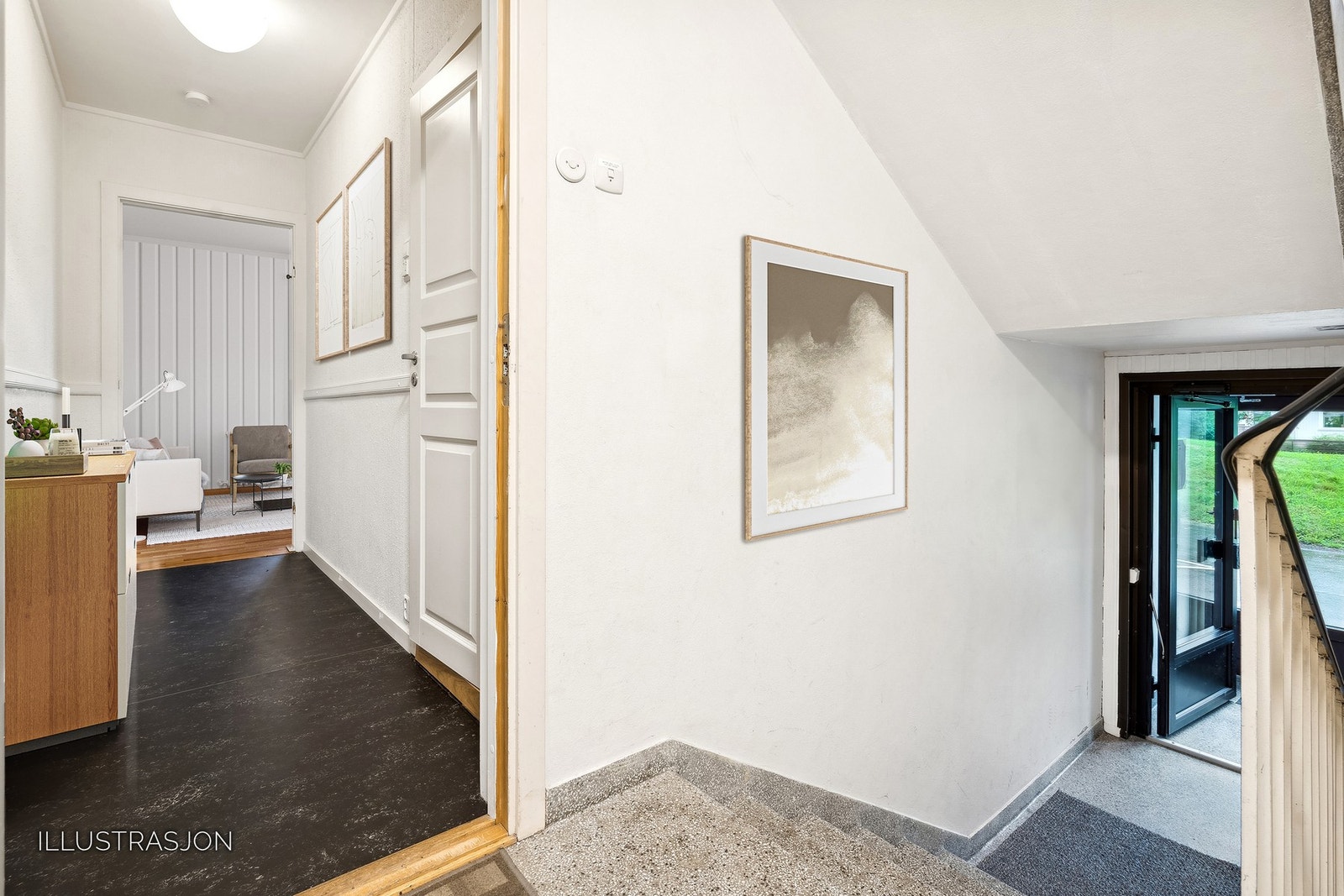 Velkommen inn. I 2024 ble leiligheten malt og det ble lagt nytt gulv i entré og på sovealkoven. Galleribilde