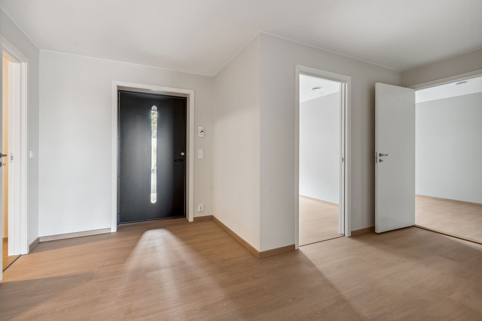 Romslig entrè/gang med lyse overflater som strekker seg gjennom leiligheten Galleribilde