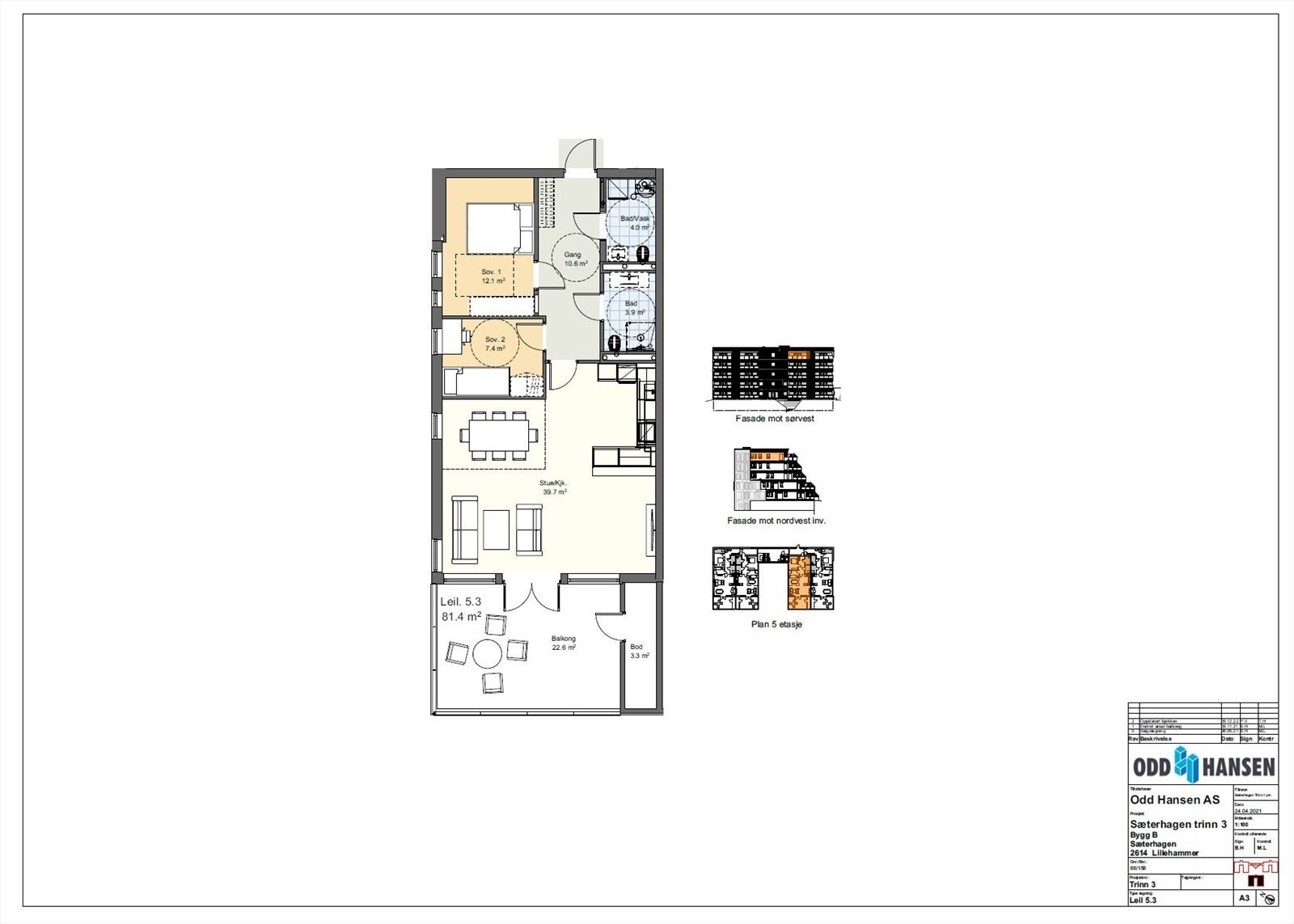 Planløsning 5.3 i trinn 3. Plantegningen er fra prosjekteringsfasen og arealavvik forekommer Galleribilde