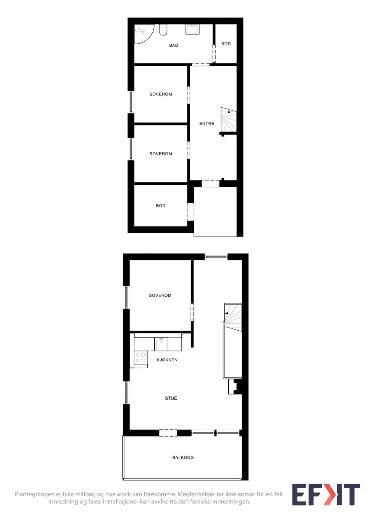 Plantegninger - Elias Blix vei 128 (OBS: Reell planløsning på denne boligen er speilvendt ift. det bildene viser). Galleribilde
