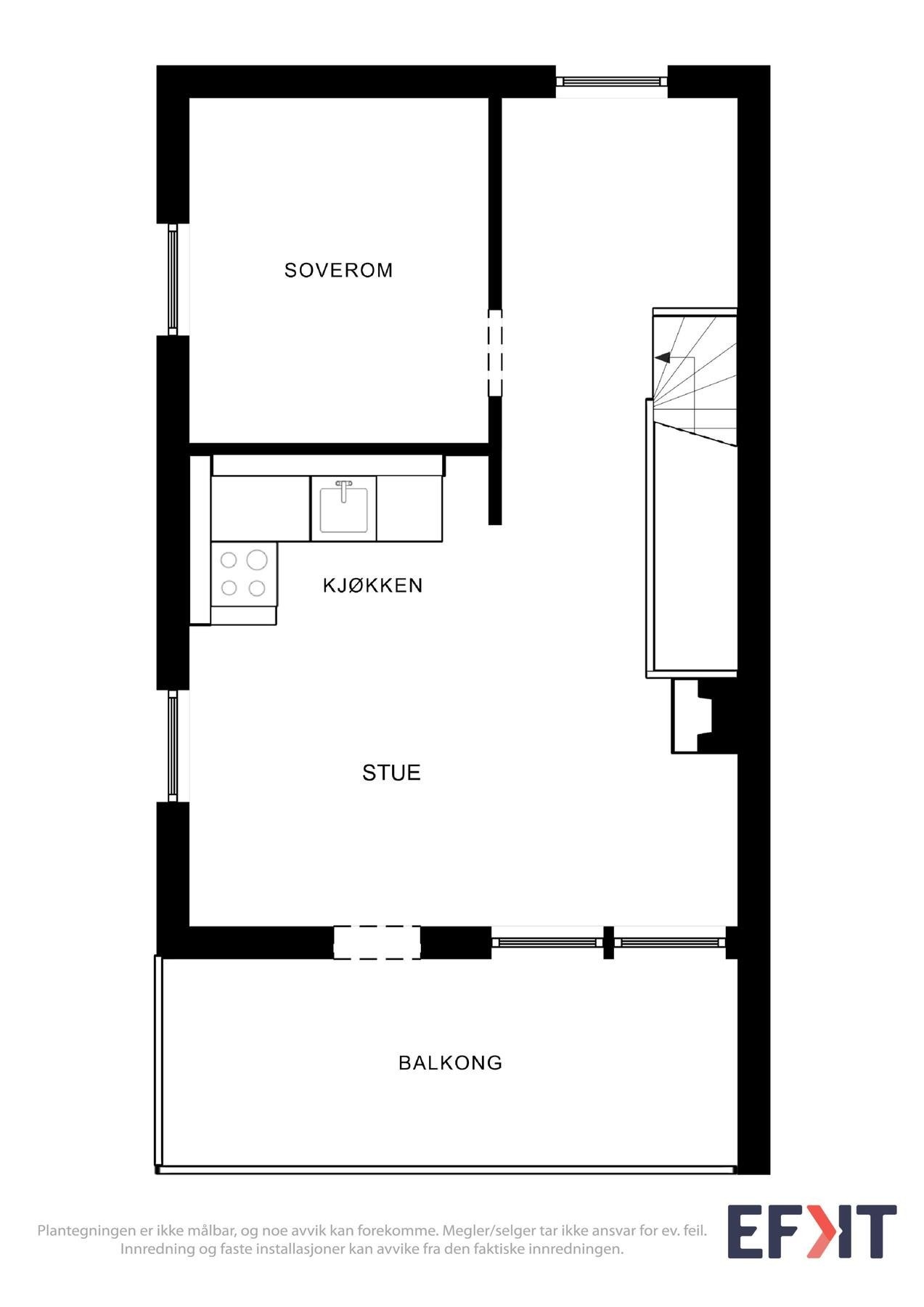 Plantegning 2. etasje - Elias Blix vei 128 (OBS: Reell planløsning på denne boligen er speilvendt ift. det bildene viser). Galleribilde