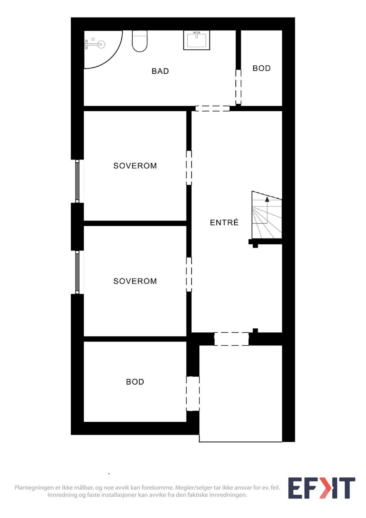 Plantegning 1. etasje - Elias Blix vei 128 (OBS: Reell planløsning på denne boligen er speilvendt ift. det bildene viser). Galleribilde