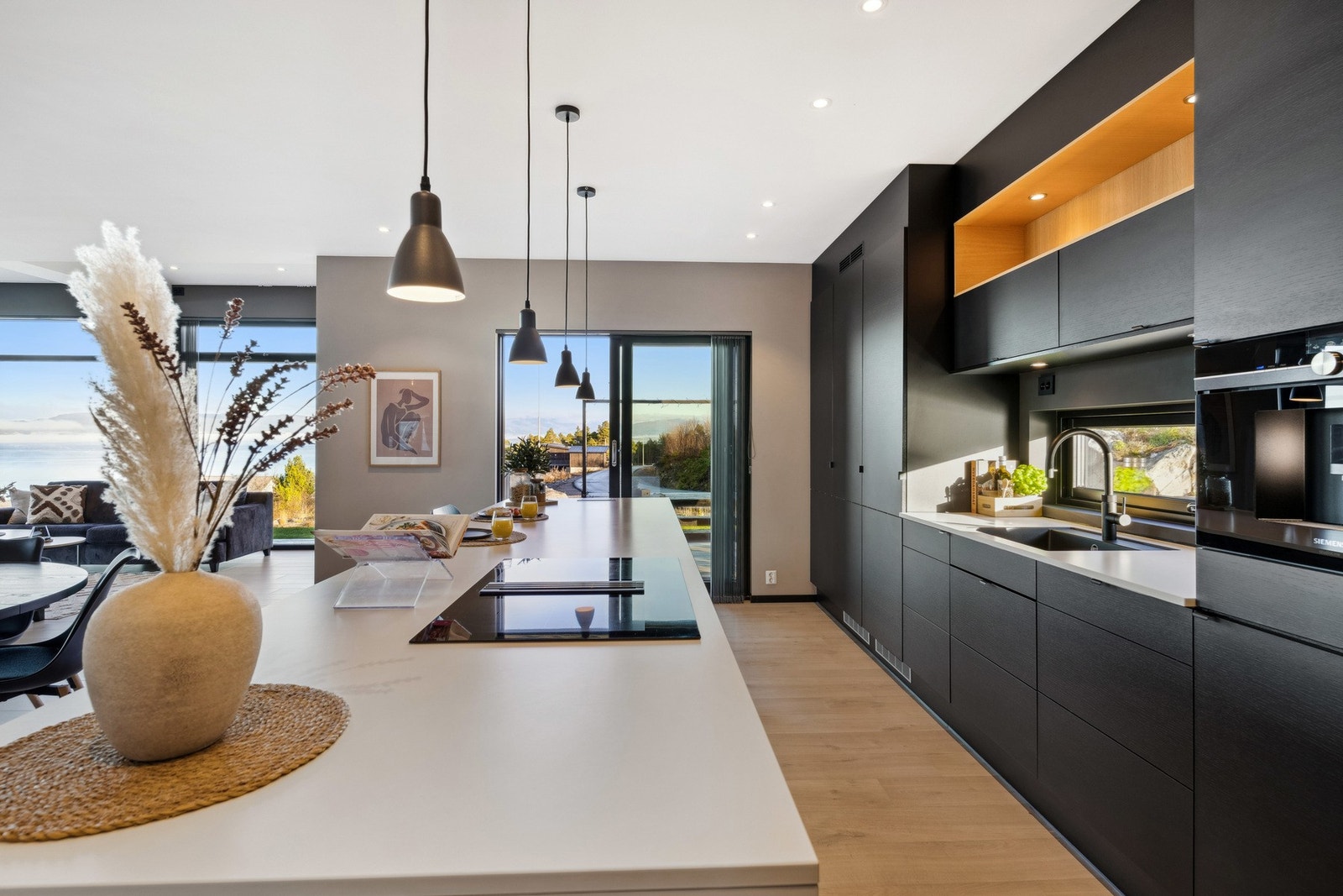 Av integrerte hvitevarer har man separat kjøl- og fryseskap, oppvaskmaskin, platetopp med integrert ventilator, stekeovn, kombiovn, kaffemaskin og quooker Galleribilde