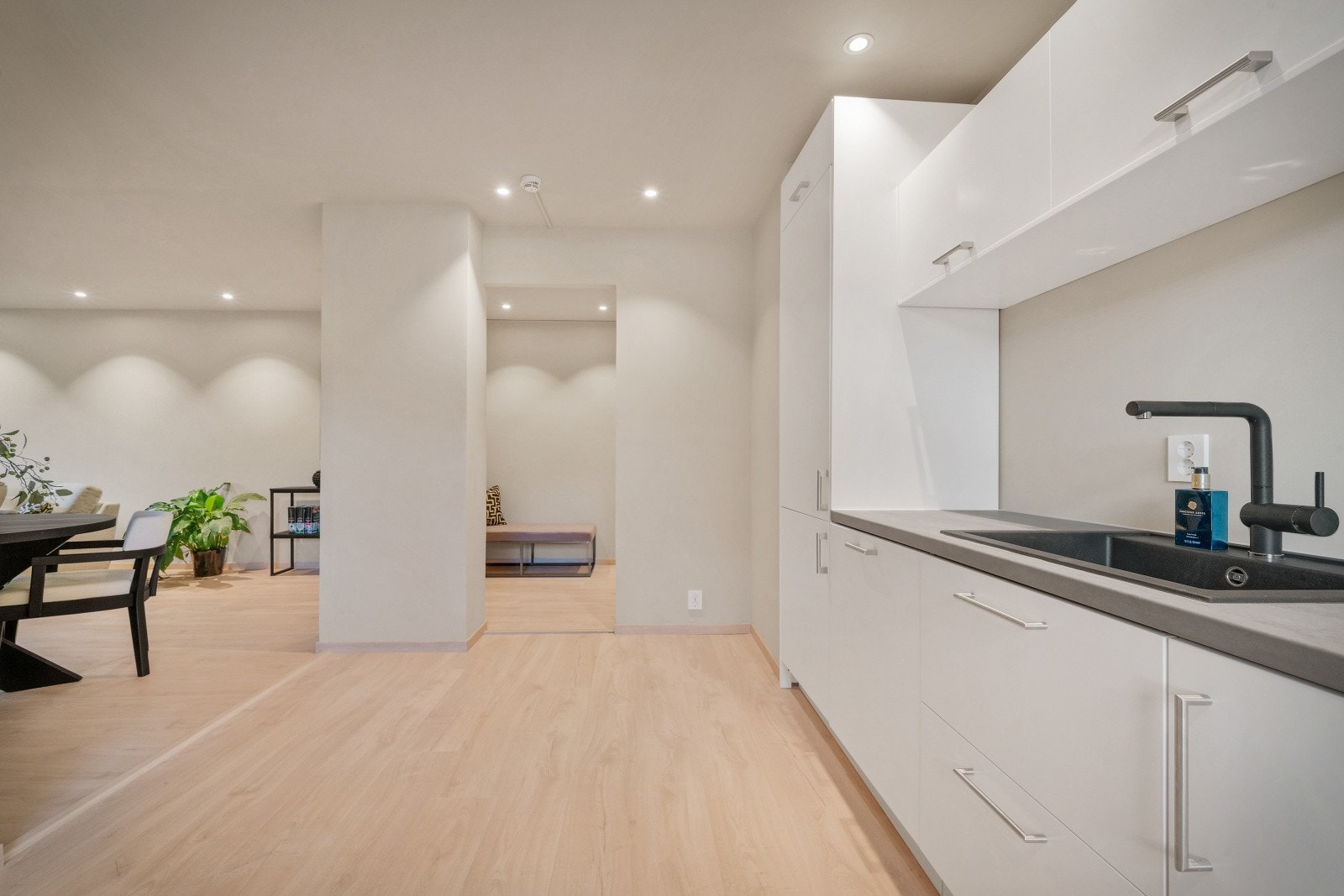 Integrerte hvitevarer: Stekeovn, platetopp med induksjon, oppvaskmaskin og kjøle-/fryseskap. Galleribilde