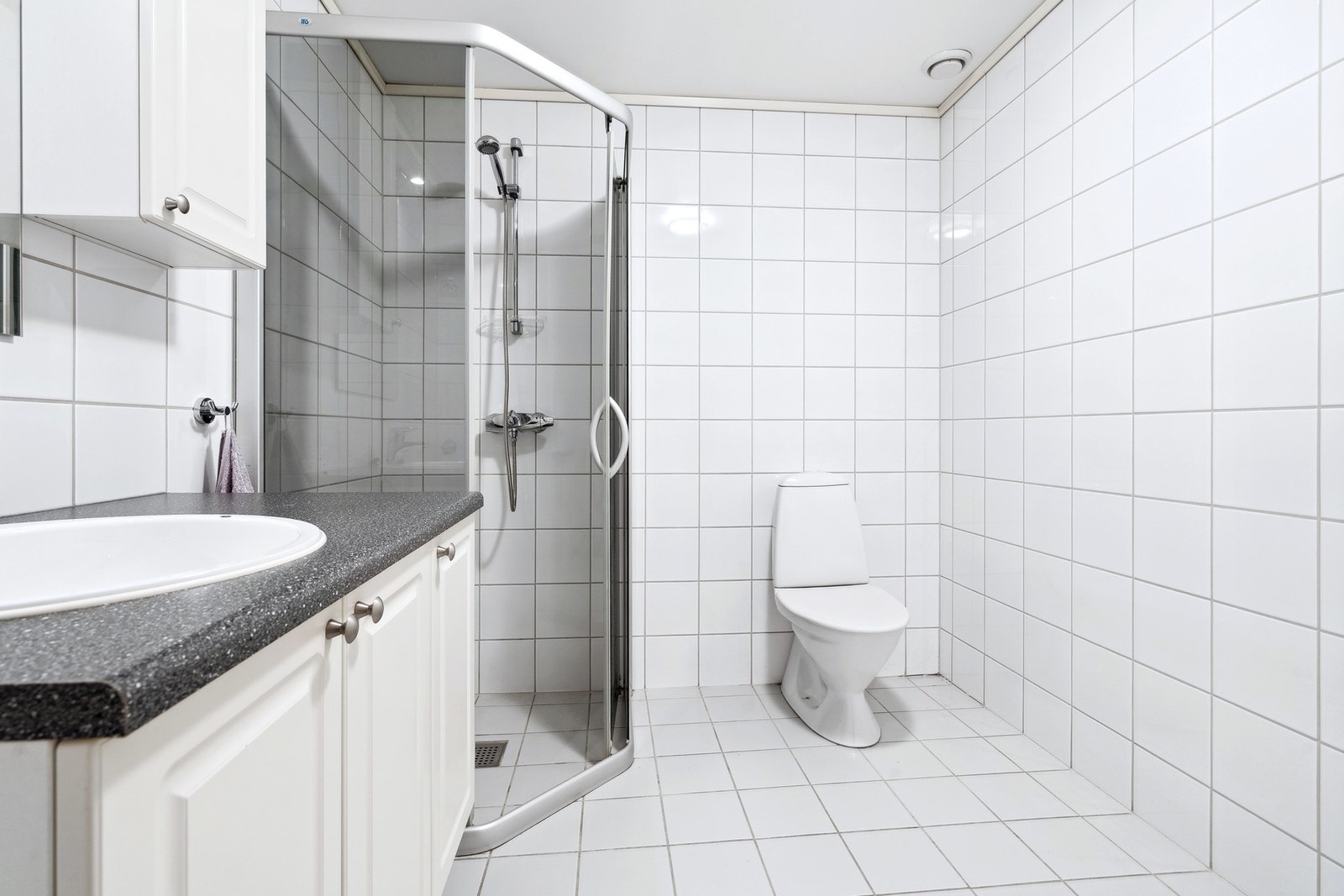 Utstyrt med dusjhjørne mekanisk avtrekk, opplegg for vaskemaskin, servantskap, gulvmontert wc. Galleribilde