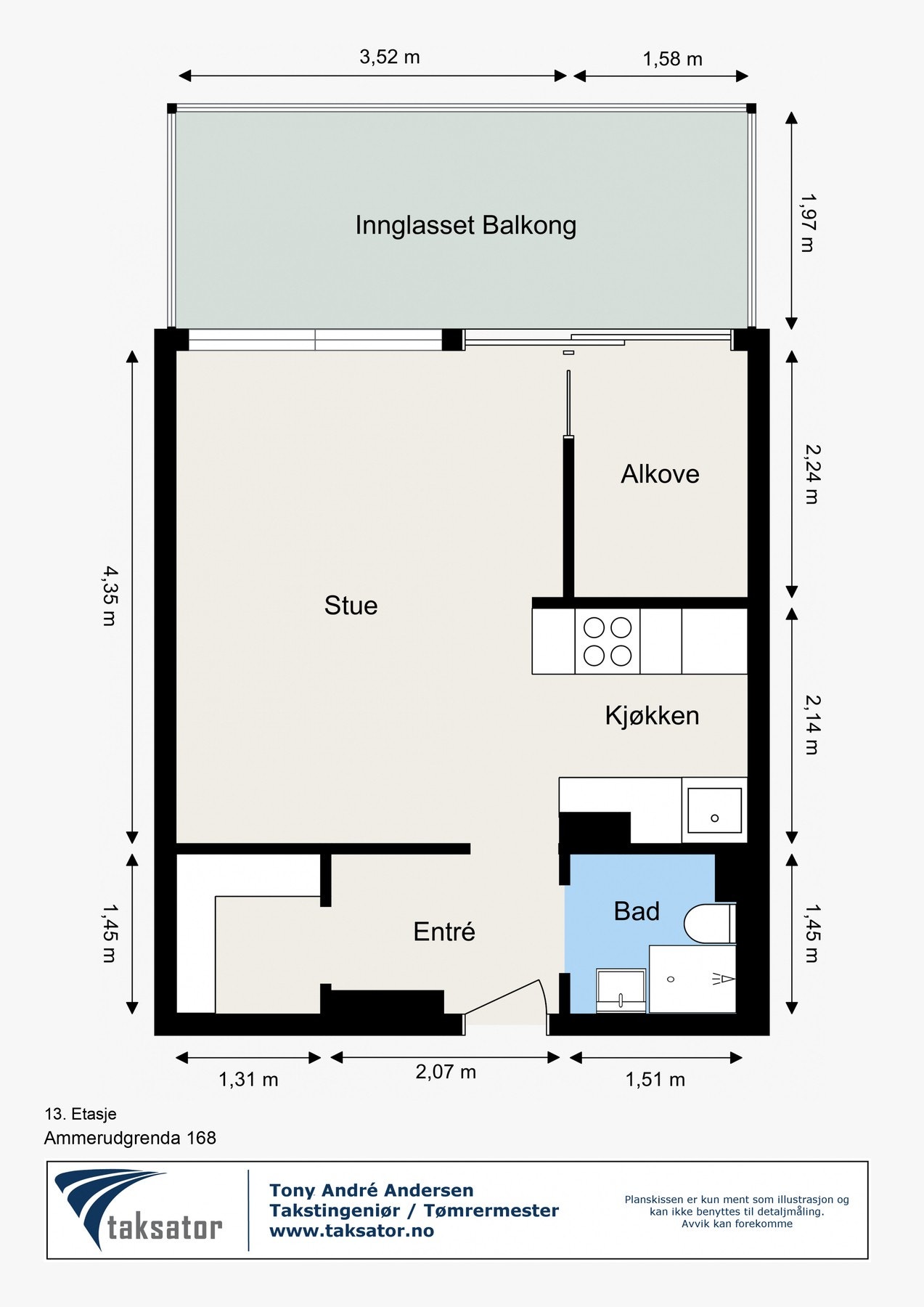 Målsatt plantegning av leiligheten. Leiligheten disponerer også ekstern kjellerbod. Galleribilde
