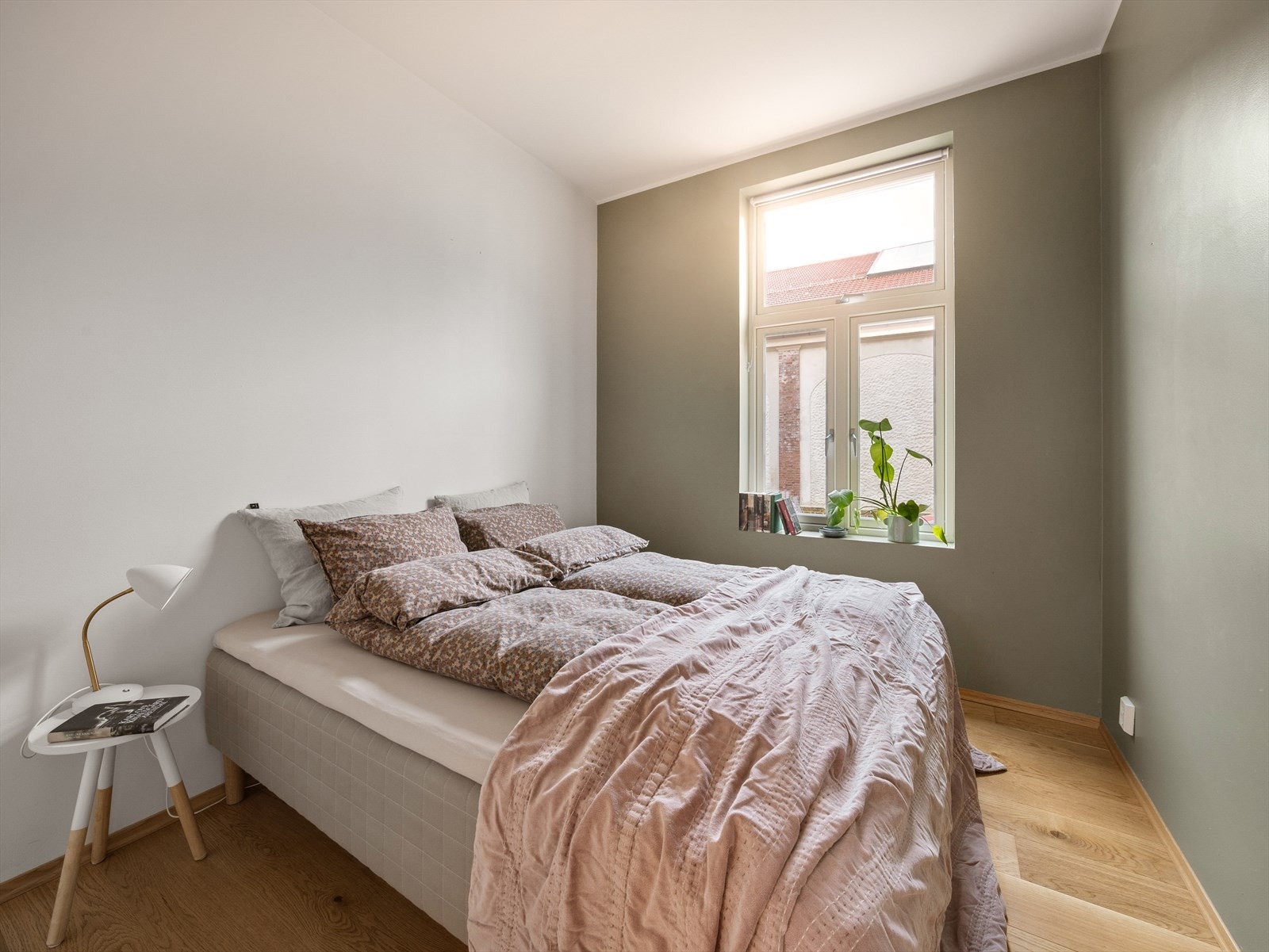 Delikat soverom med en behagelig grønn kontrastfarge Galleribilde