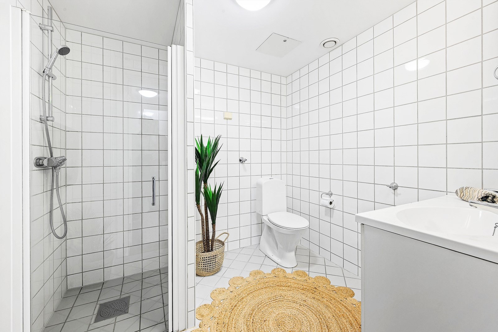 Flislagt bad med wc, baderomsinnredning, dusj og opplegg for vaskemaskin og tørketrommel Galleribilde