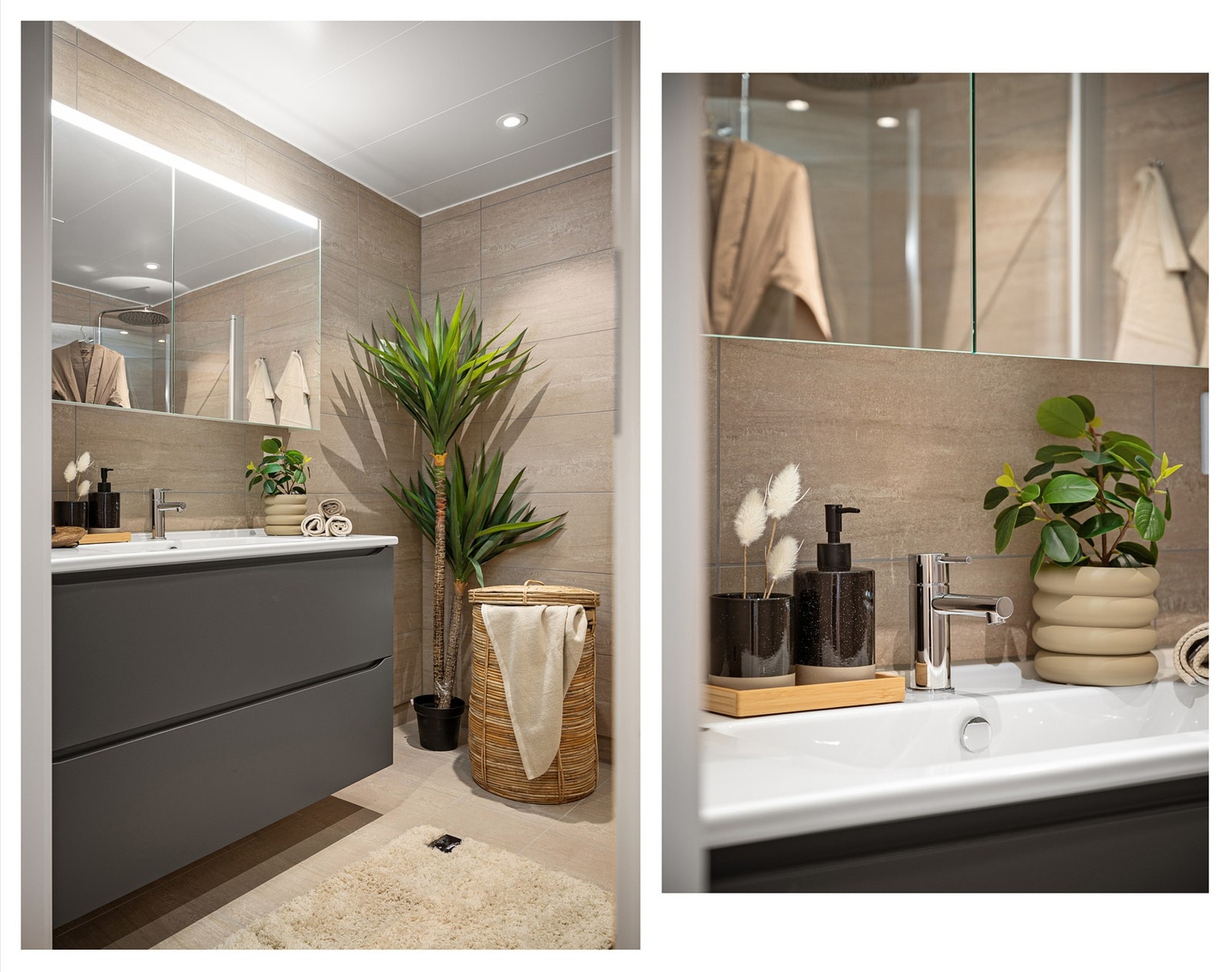 Rommet har servantinnredning, wc, dusjhjørne og opplegg for vaskemaskin Galleribilde