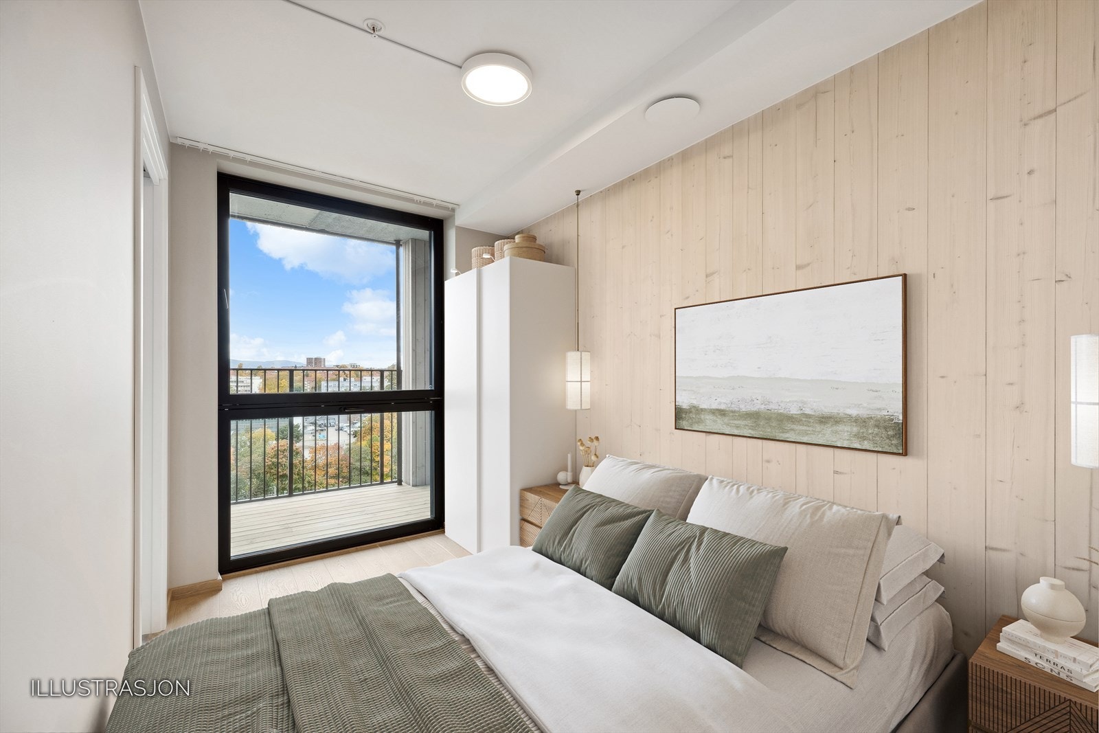 Lyst soverom med god plass til seng og tilhørende møblement (digitalt stylet, avvik kan forekomme) Galleribilde