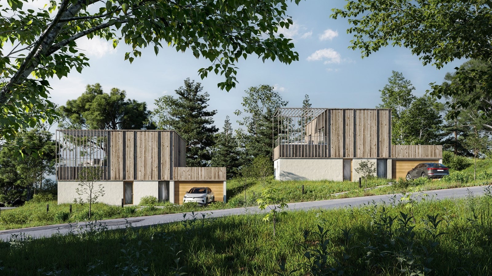 Tegnet av Line Solgaard arkitekter. Eiendommen sett fra veien. Galleribilde