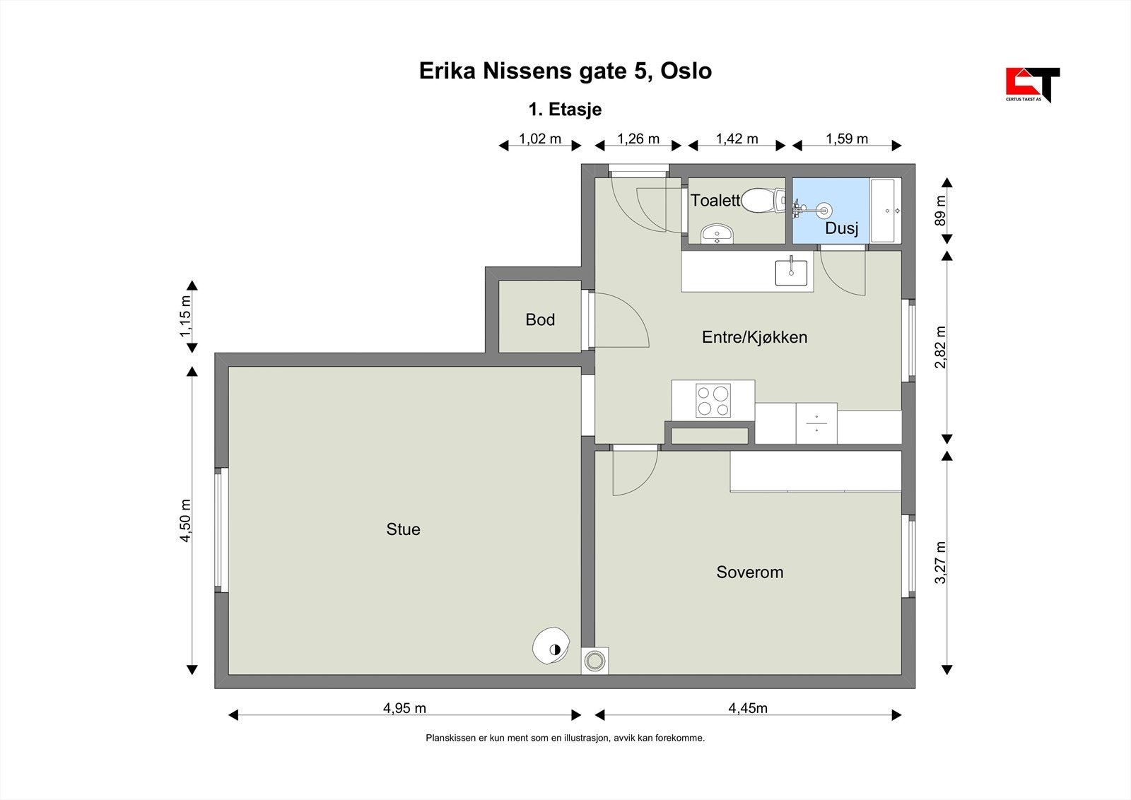 Leiligheten er på hele 58 kvm og har mye potensial. Mulighet for å etablere ekstra soverom og utvide badet. Galleribilde