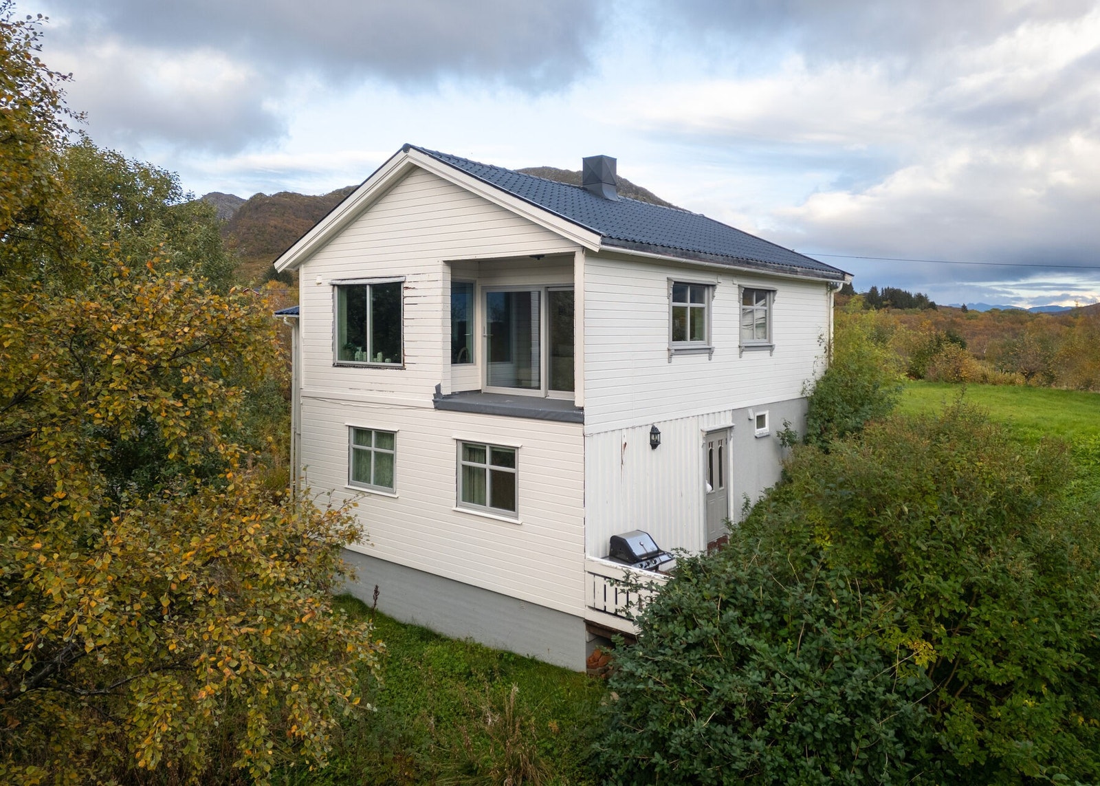 Fasade. Tomten er opparbeidet med plen og beplantning, og innkjørselen er asfaltert. Galleribilde