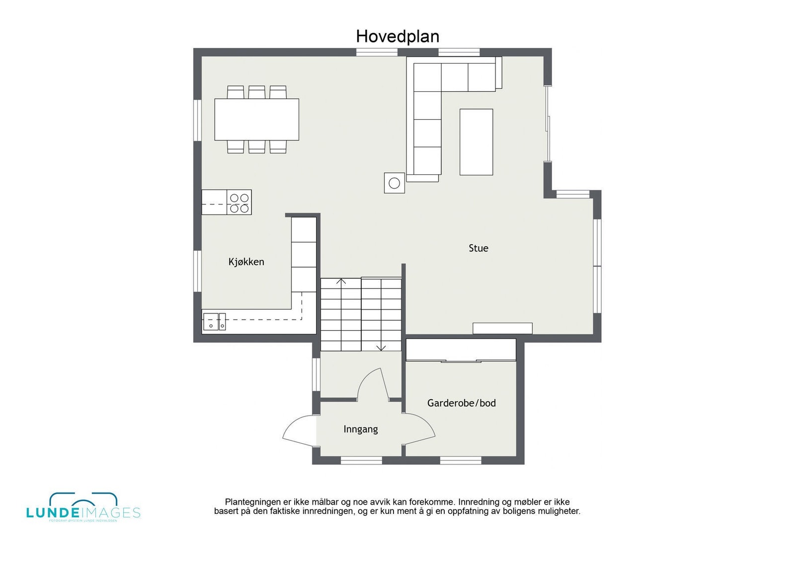 Planskisse hovedetasje - ikke målbar - 1. etasje har et BRA-i på 70 kvm. Galleribilde