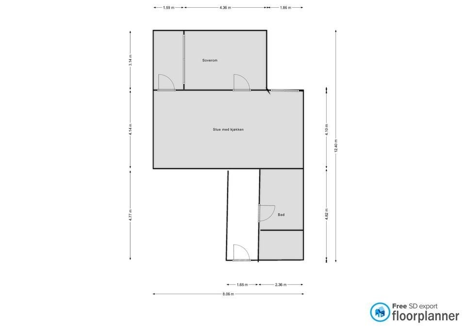 Ikke nøyaktige mål. Åpen inngang mellom gang og kjøkken og inn til bod ved inngangsdøren. Balkongen til venstre for soverommet. Galleribilde