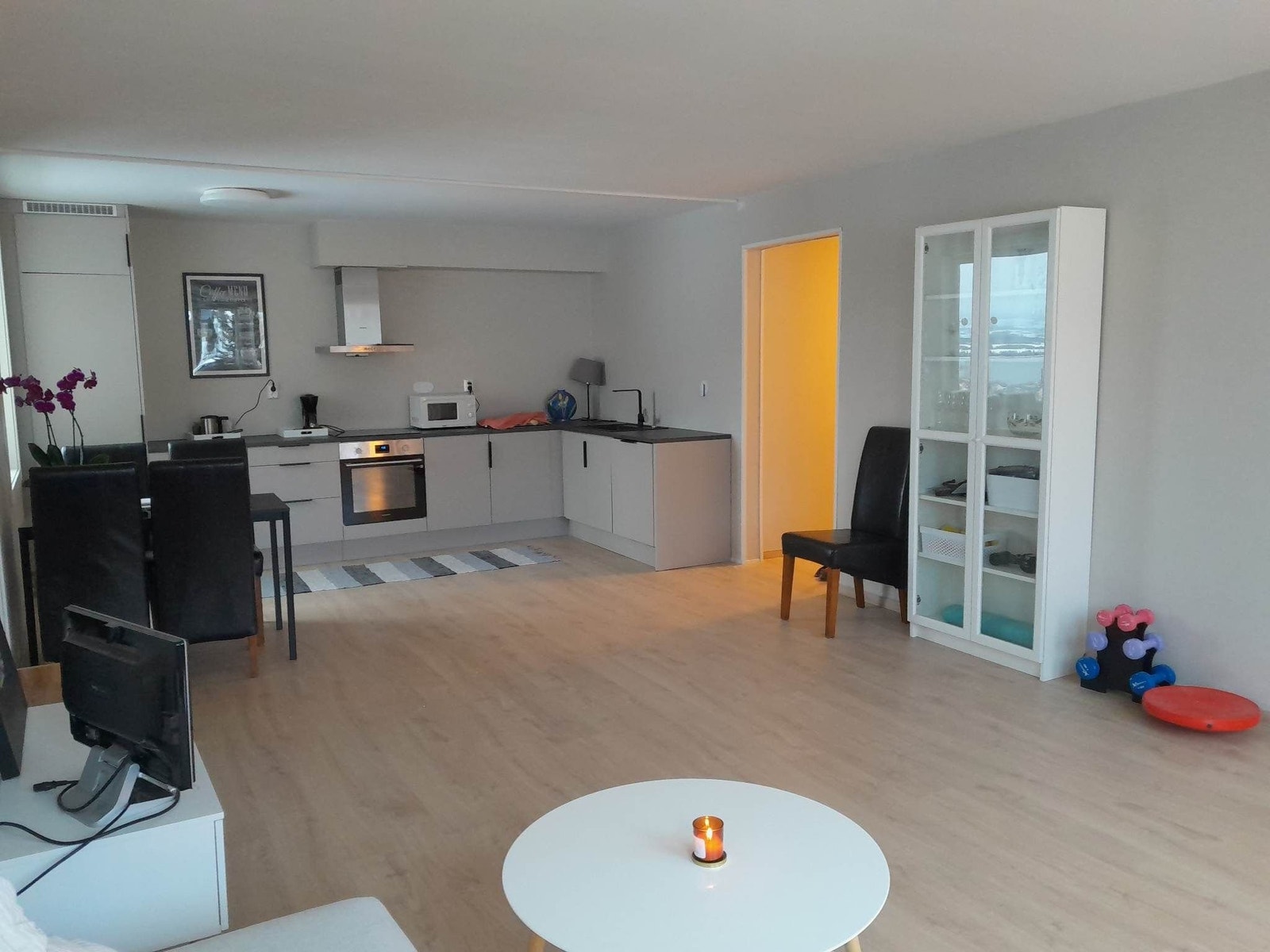 Stue med kjøkken, tatt fra balkongdøra Galleribilde