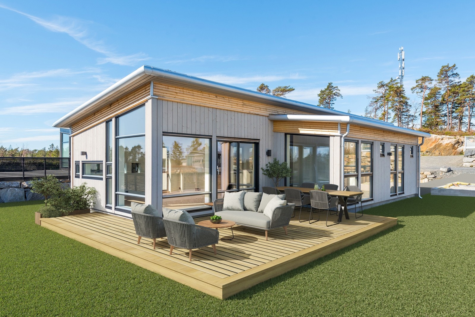 Flott hytte i et nyere og godt etablert hyttefelt. Tomten/uteplassen er 3D-visualisert og viser mulighetene Galleribilde