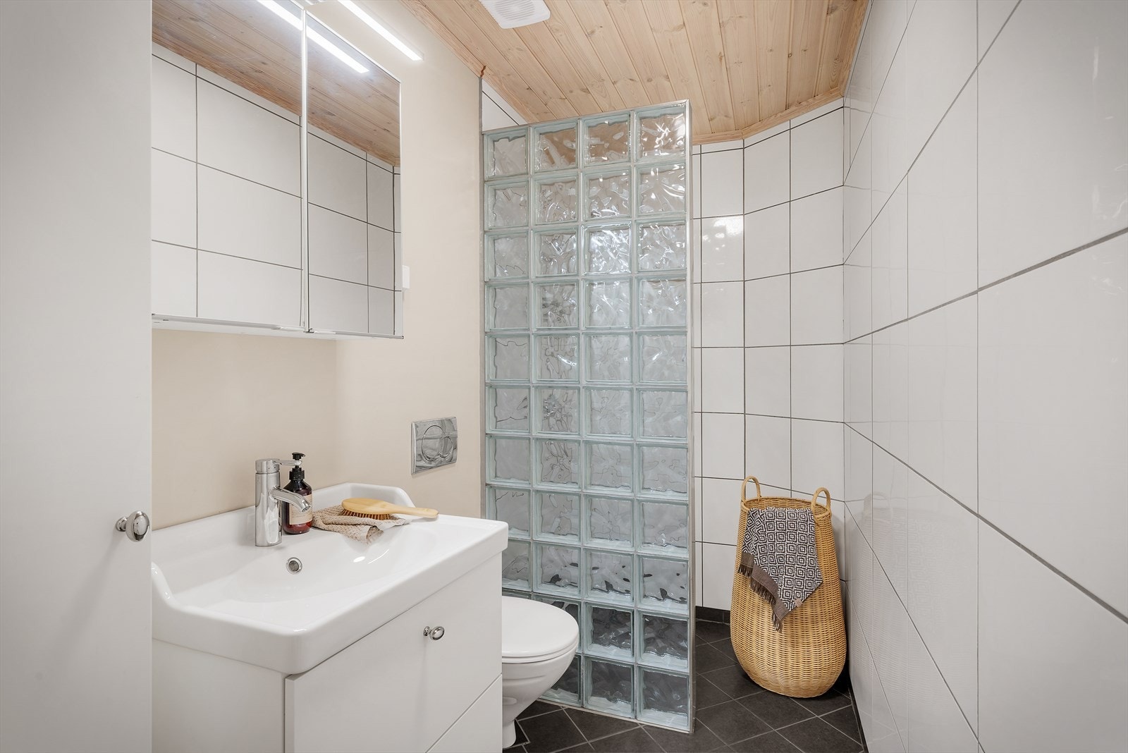 - Innredet med vegghengt toalett, skap, servantmøbel, speilskap med belysning og dusjnisje med vegg i glassbyggestein - Galleribilde