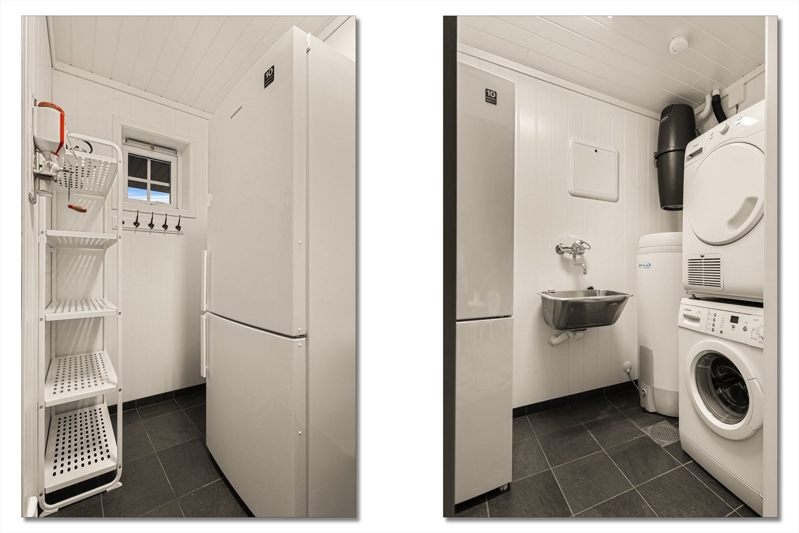 Teknisk rom/bod med utslagsvask og opplegg for vaskemaskin/tørketrommel. Galleribilde