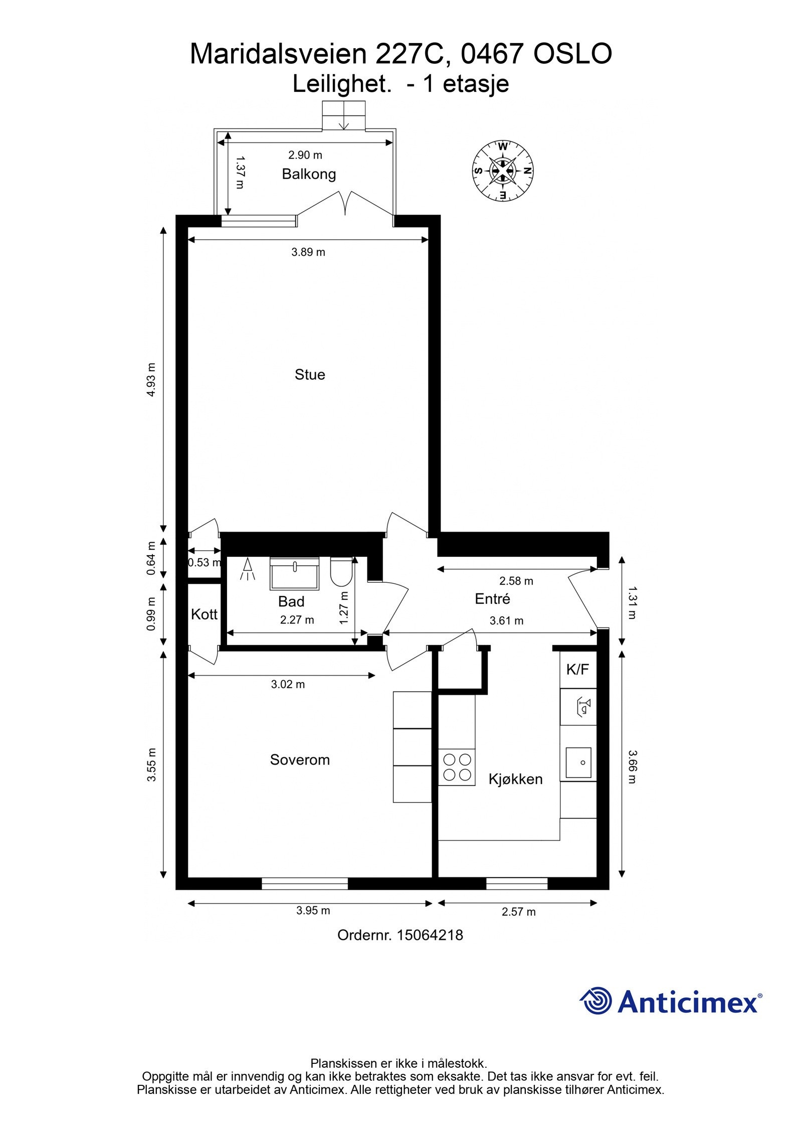 Leiligheten ligger i en høy 1. etasje og har en praktisk planløsning med luftige og gode rom. Den kan gjøres om til en fullverdig 3-roms ved å flytte kjøkkenet ut i stuen. Galleribilde