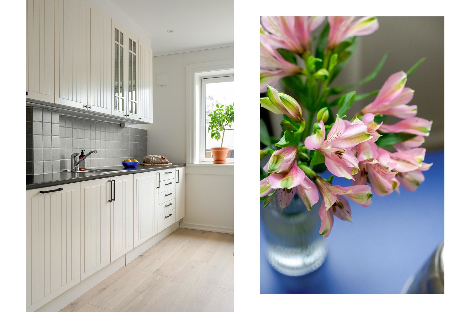 Alle hvitevarer medfølger leiligheten, i tillegg til vaskemaskinen som er gjemt bak skapdøren til høyre for vasken. Galleribilde