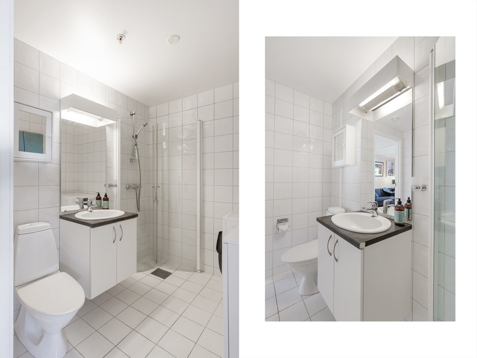 - Badet er innredet med gulvmontert toalett, benkeskap med servant, dusj og opplegg for vaskemaskin - Galleribilde