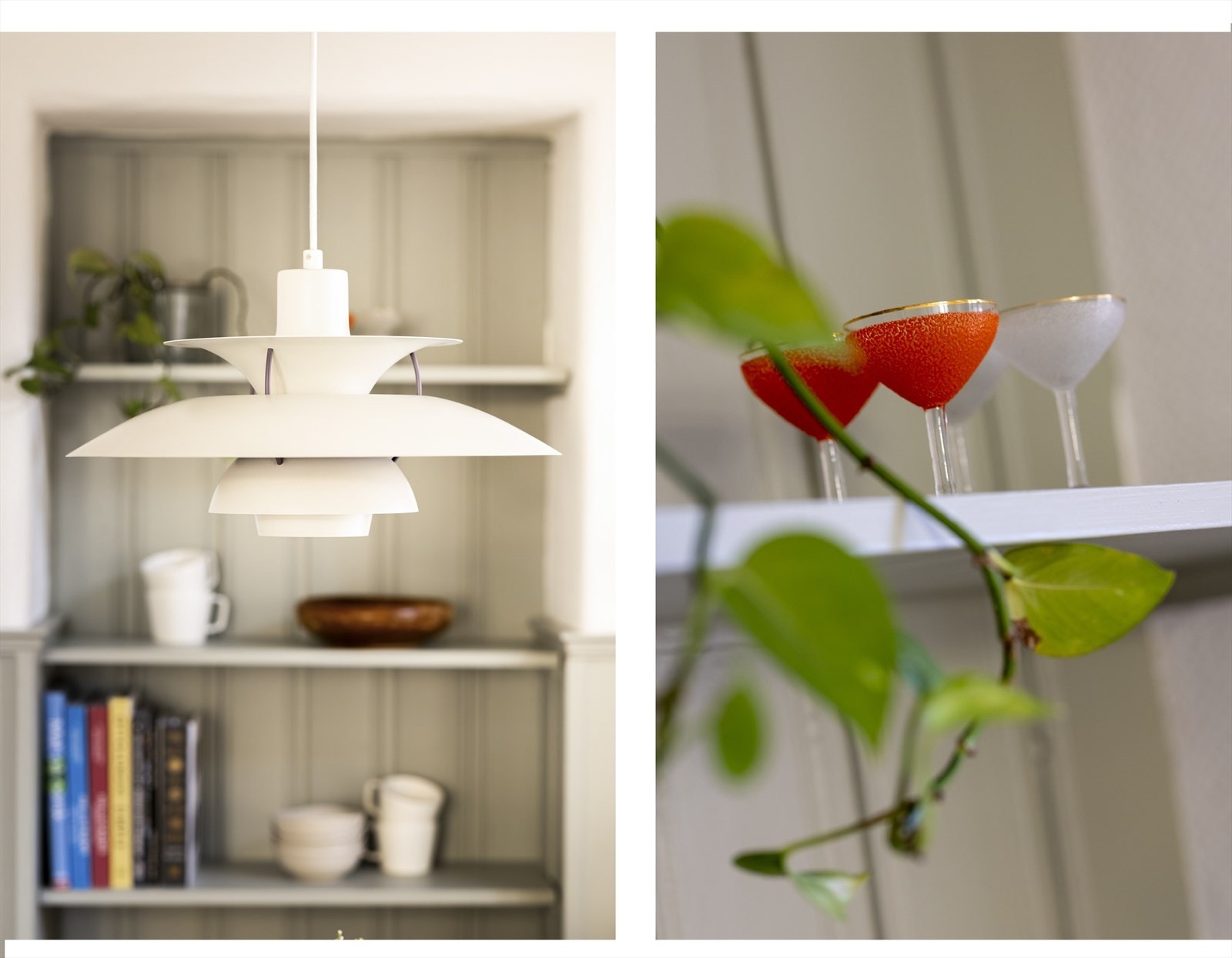 Tidligere døråpning er gjort om til en praktisk og sjarmerende bokhylle. Perfekt for kokebøker, glass og tallerkener. Galleribilde
