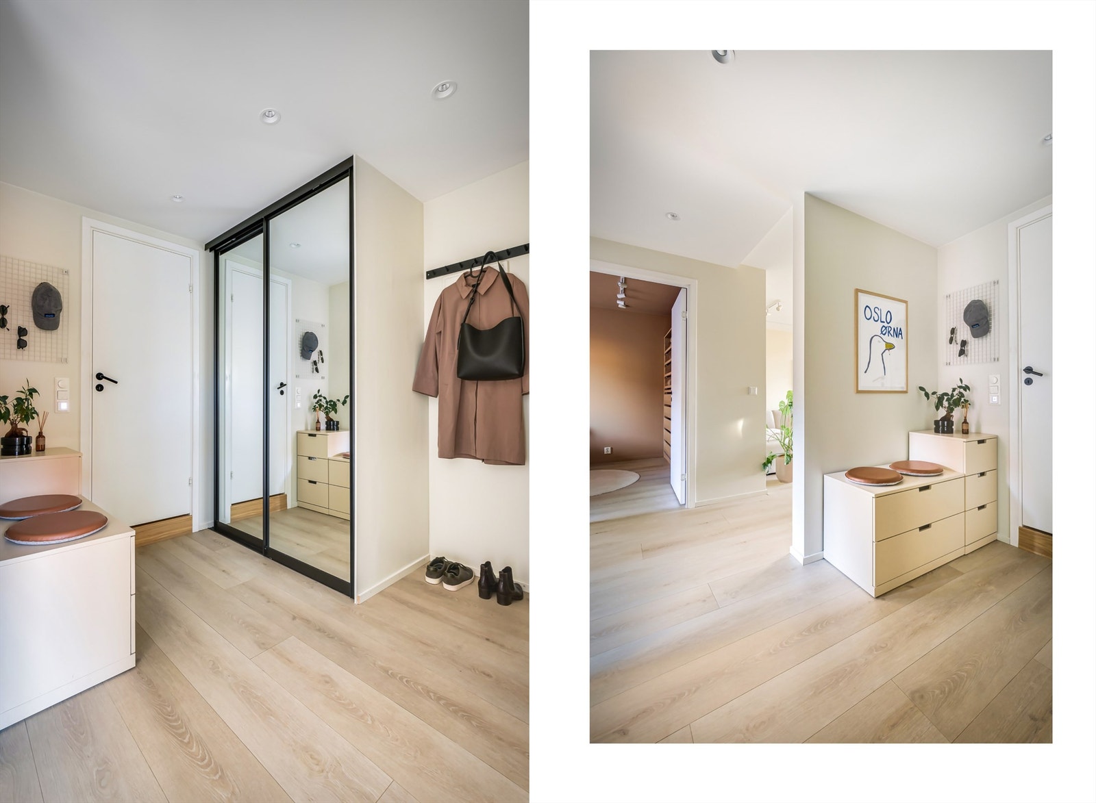 Entréen gir et godt førsteinntrykk av leiligheten og inneholder skyvedørsgarderobe med speilfronter som har god oppbevaring for ytterklær Galleribilde