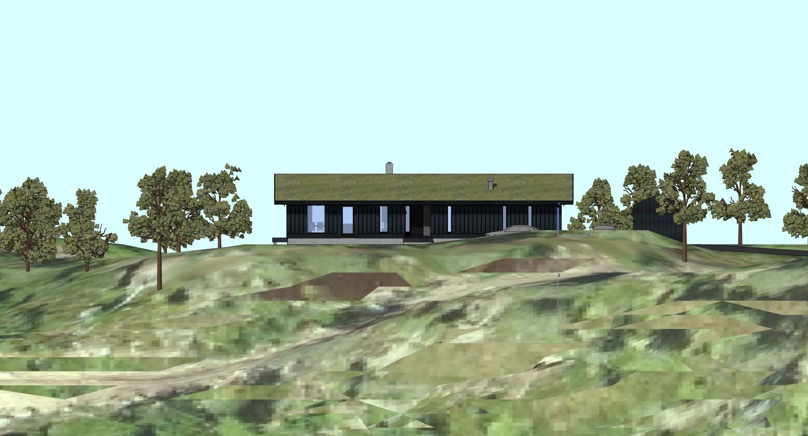 Illustrasjon med hyttemodell Vy32CT på tomta. NB: Dette er kun en illustrasjon og ikke endelig plan Galleribilde