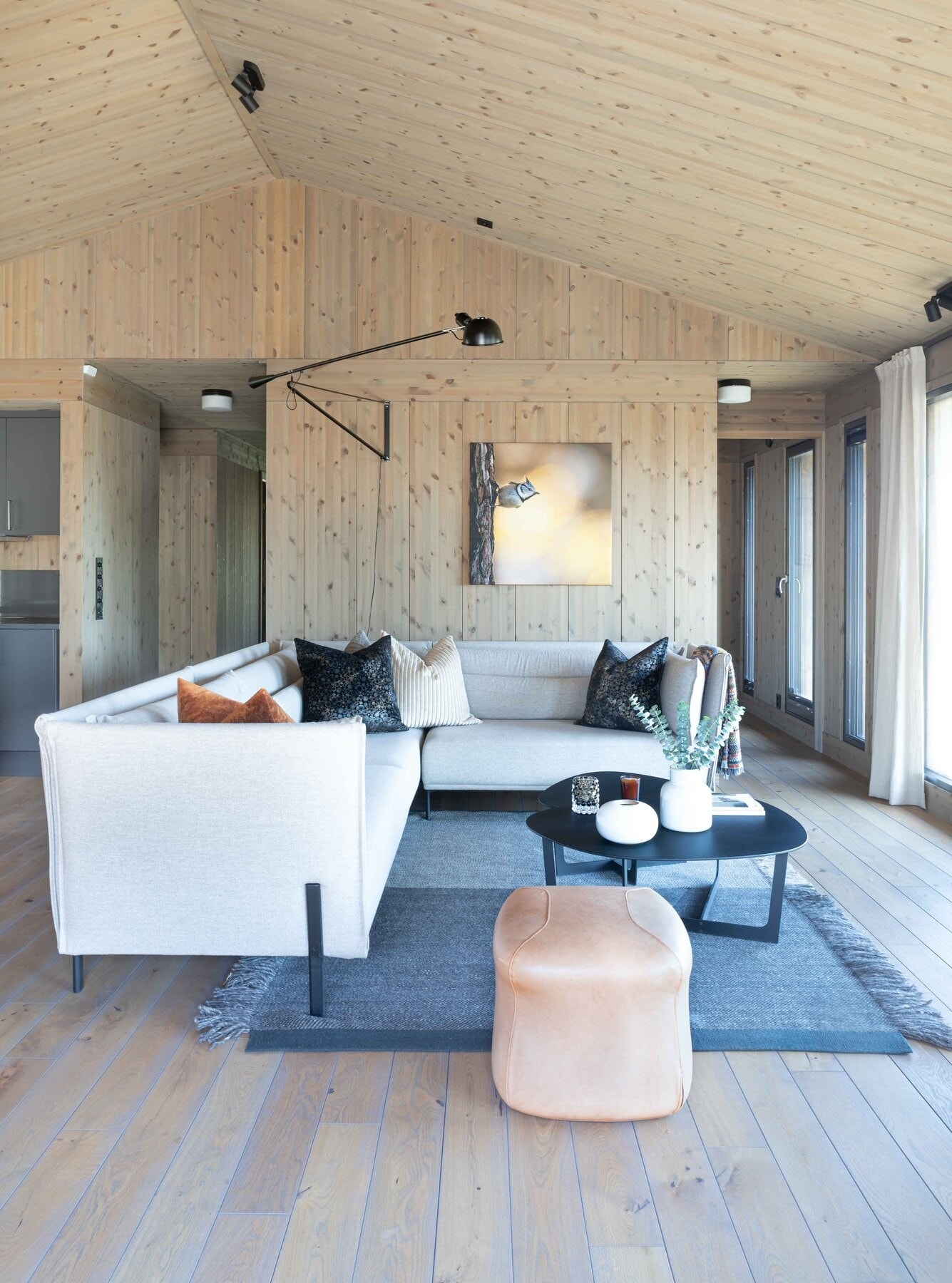 Foto fra Vy 26CTH på Hellerudsletta. C-modellen har stue/kjøkken i ene delen av hytta. Galleribilde