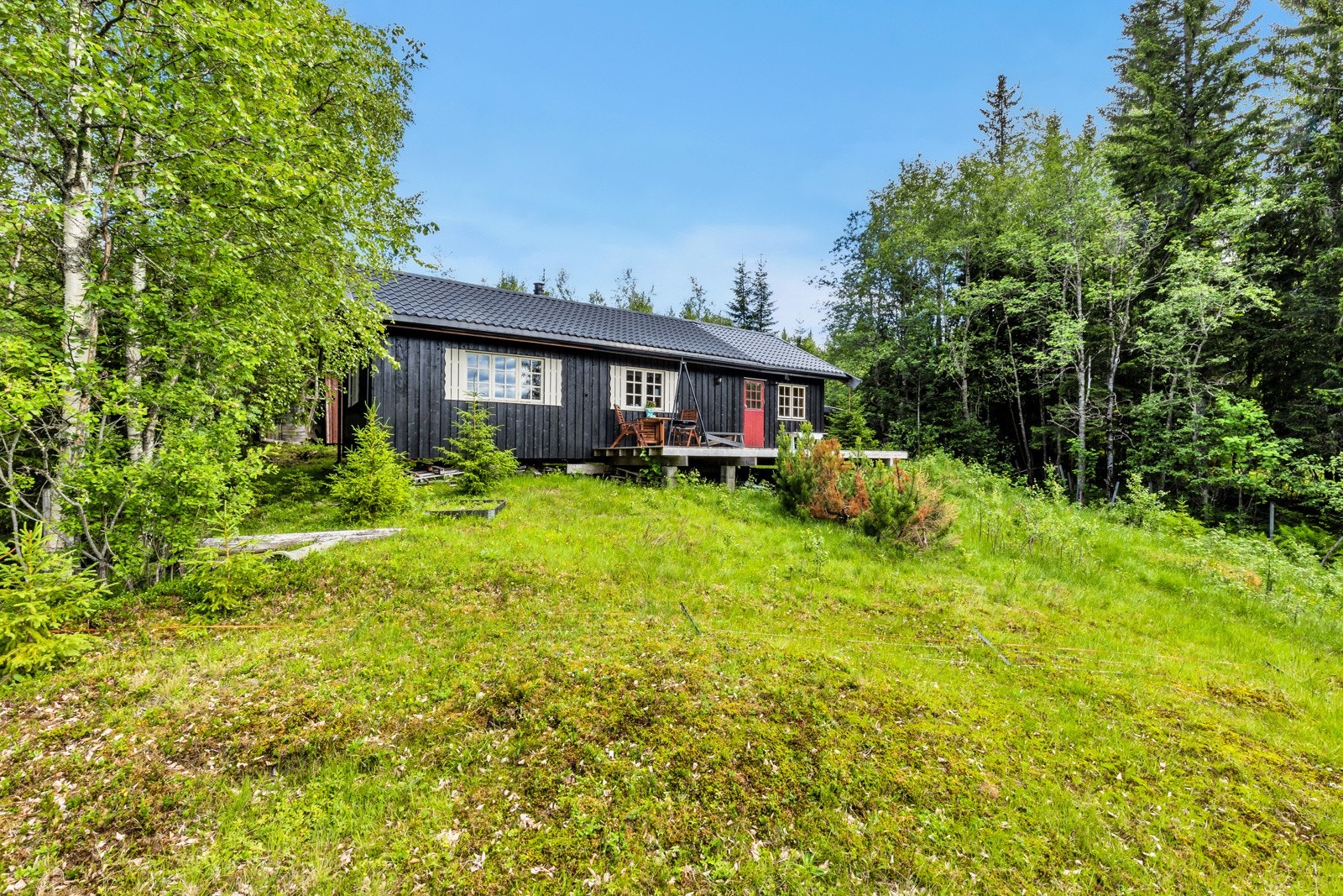 Inngangsdør fra stor og åpen veranda. Galleribilde