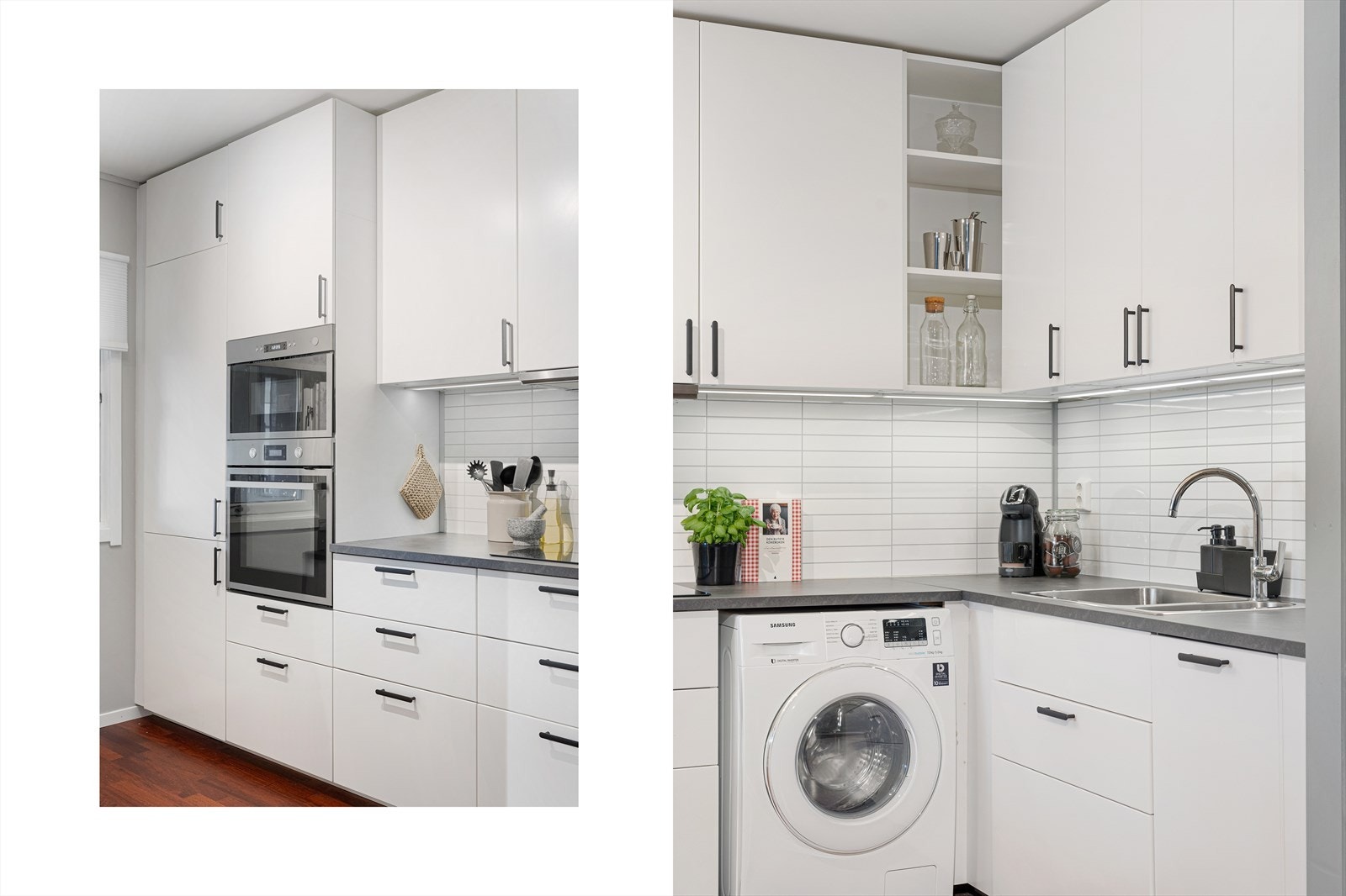 Flotte detaljer som våtromsplater og lys mellom over og underskap. Galleribilde