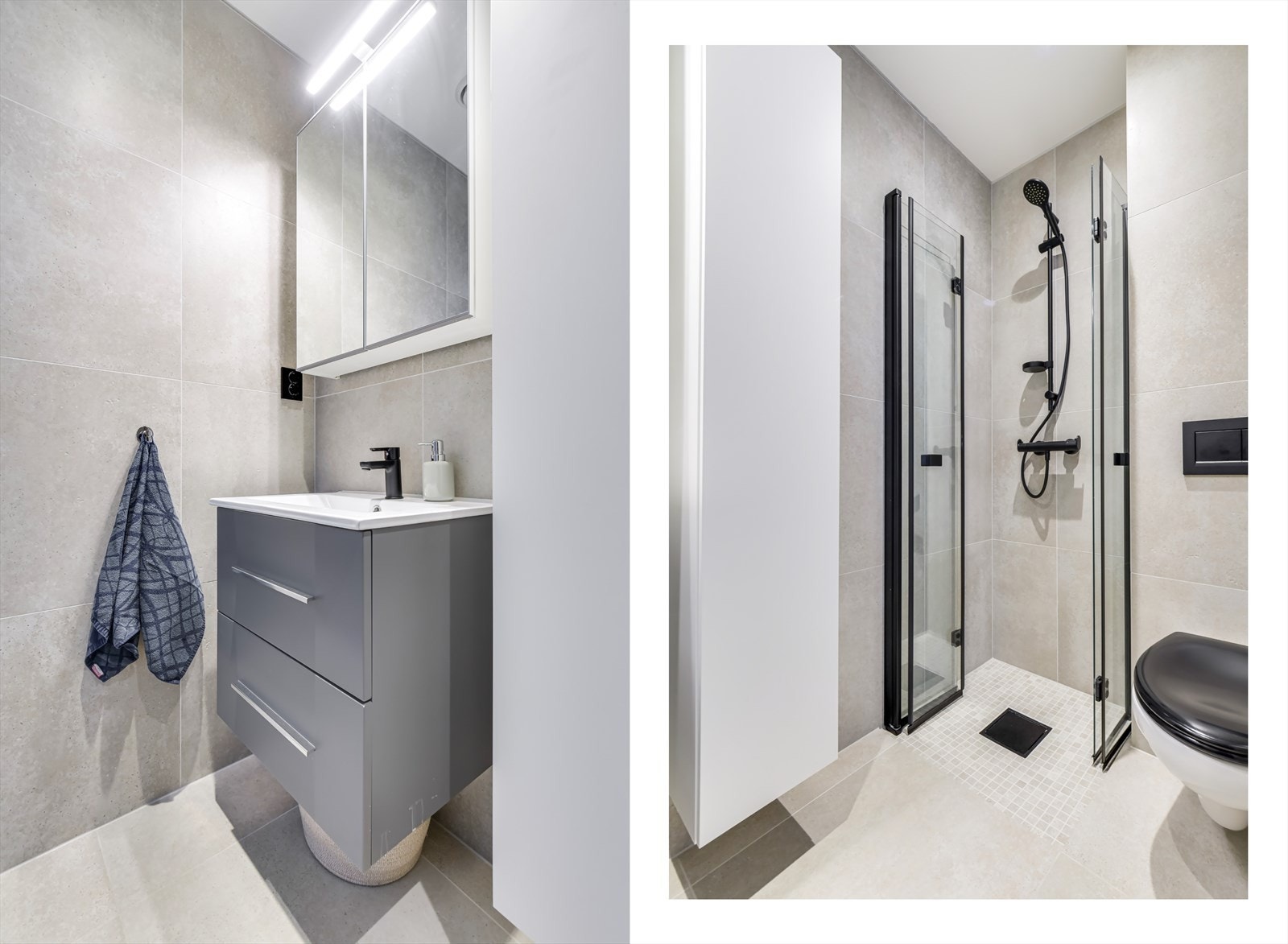 Servant med underskap g speilskap på vegg. Dusjhjørne med leddede glassdører Galleribilde