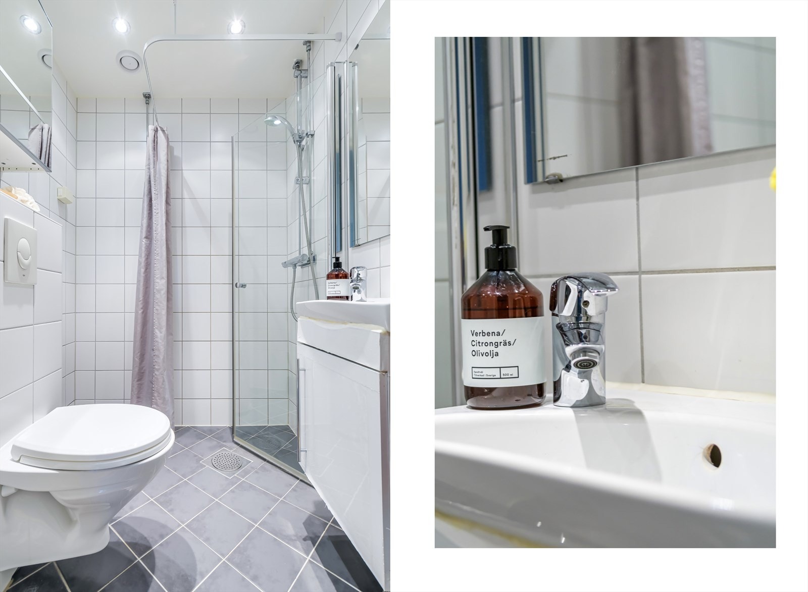 Innredningen består av servant med skap, speil, dushjørne med en innfellbar dusjdør og forheng, speilskap og vegghengt toalett Galleribilde