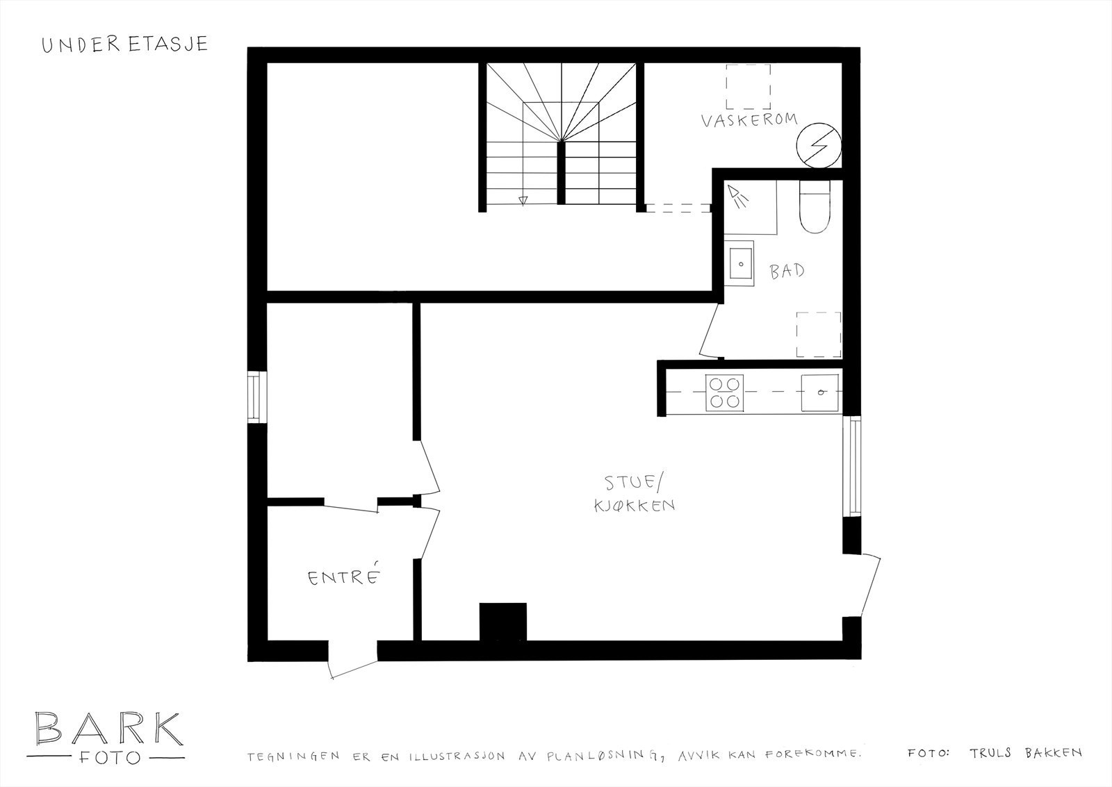 Planskisse underetasje slik den i dag er innredet (ikke omsøkt og godkjent hos kommunen). Dette arealet er per i dag utleid for kr. 7793 pr mnd uten strøm. Galleribilde
