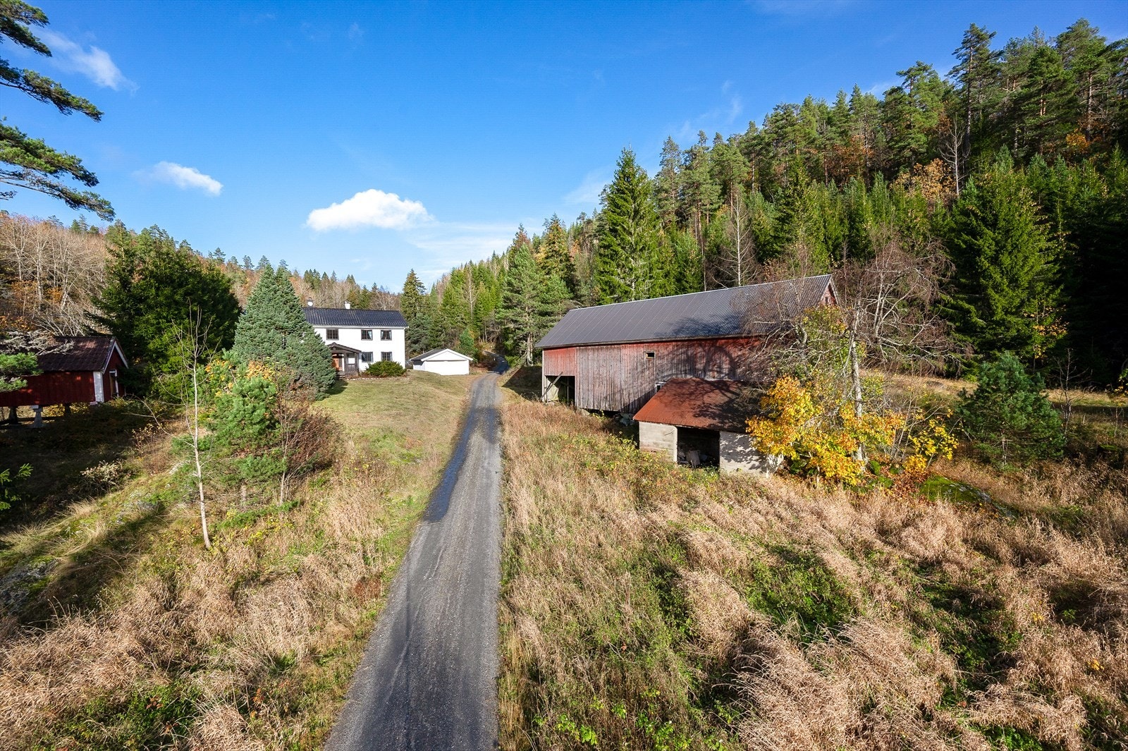 Eiendommen består av stort skogsareal, våningshus, garasje, låve og stolpehus. Galleribilde