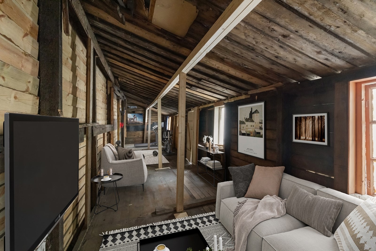 Digital styling. Tilleggsarealet er i dag uinnredet/råbod. I tillegg til oppbevaringsmuligheter, er det også potensiale til å innrede til f.eks. atelier eller hobbyrom. (Rommet er ikke godkjent for varig opphold) Galleribilde