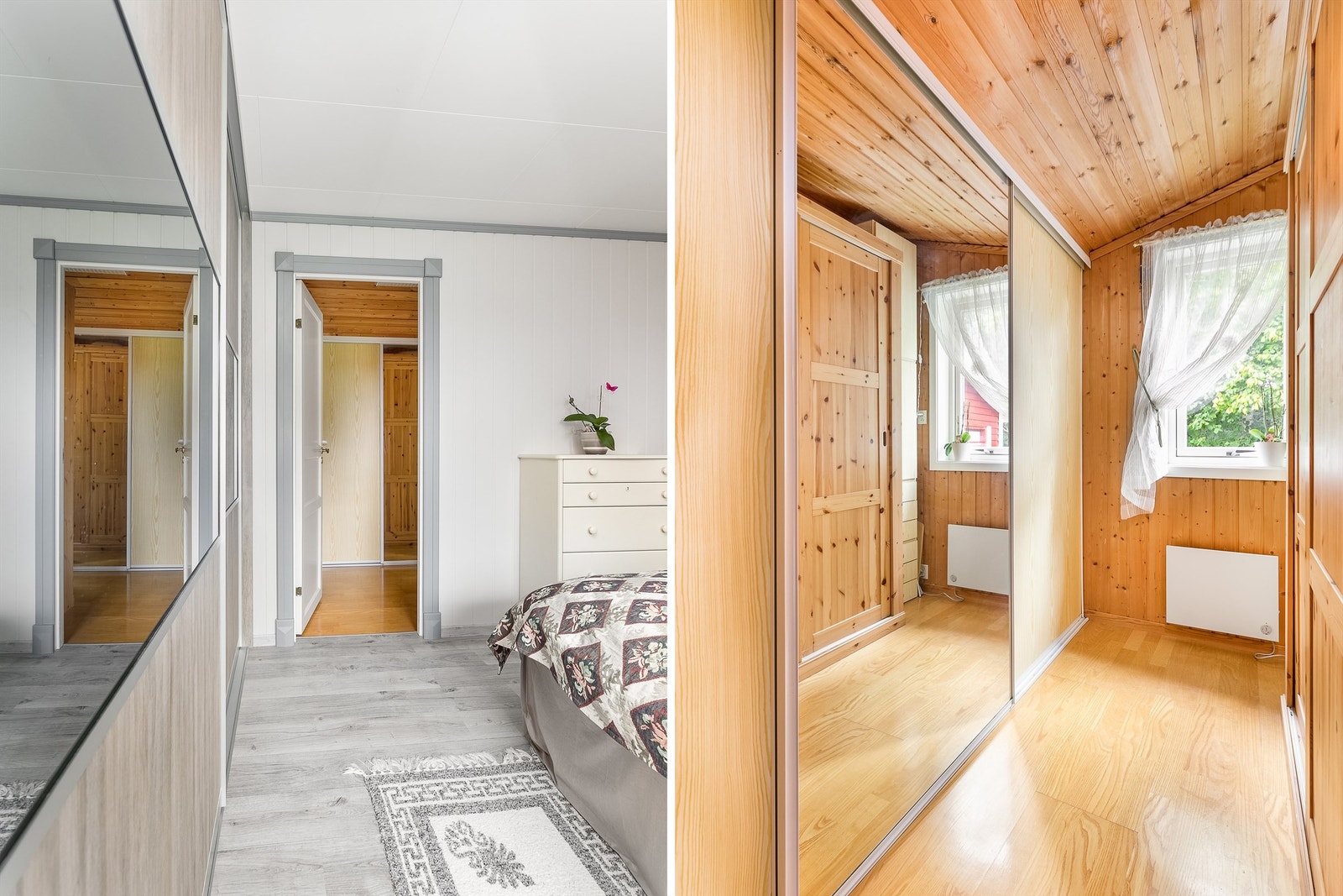 Skyvedørsgarderober er installert både i soverommet og i tilknyttet omkledningsrom. Sistnevntes vindu er skiftet ut i senere år. Galleribilde