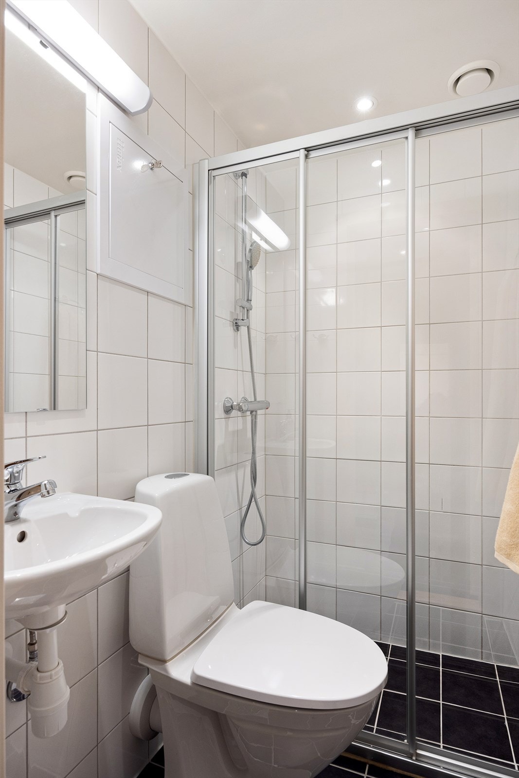 Badet består av WC, dusjplass med vegger og servant med ettgreps blandebatteri. Galleribilde