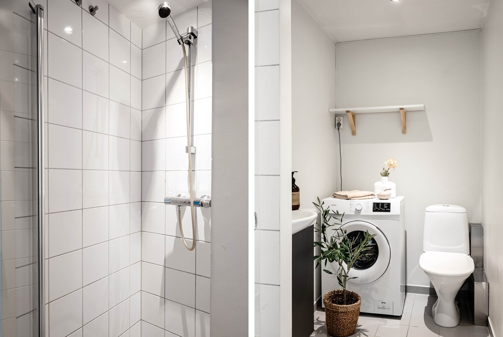 Badet er praktisk innredet med heldekkende servant, gulvstående toalett og en stedbygd dusjnisje. Galleribilde