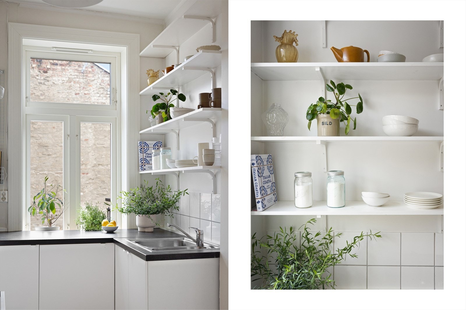 Hvitevarene består av frittstående komfyr, kjøleskap og opplegg til mindre oppvaskmaskin i underskap. Mekanisk vifte over stekesonen som er koblet til kanal. Galleribilde