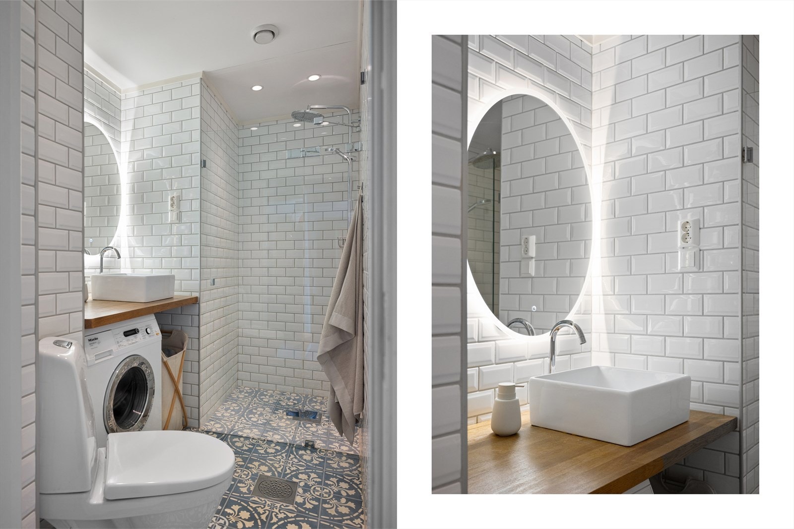 Rommet har stilsikre fliser, varmekabler i gulvet og downlights med dimmer i himling. Galleribilde