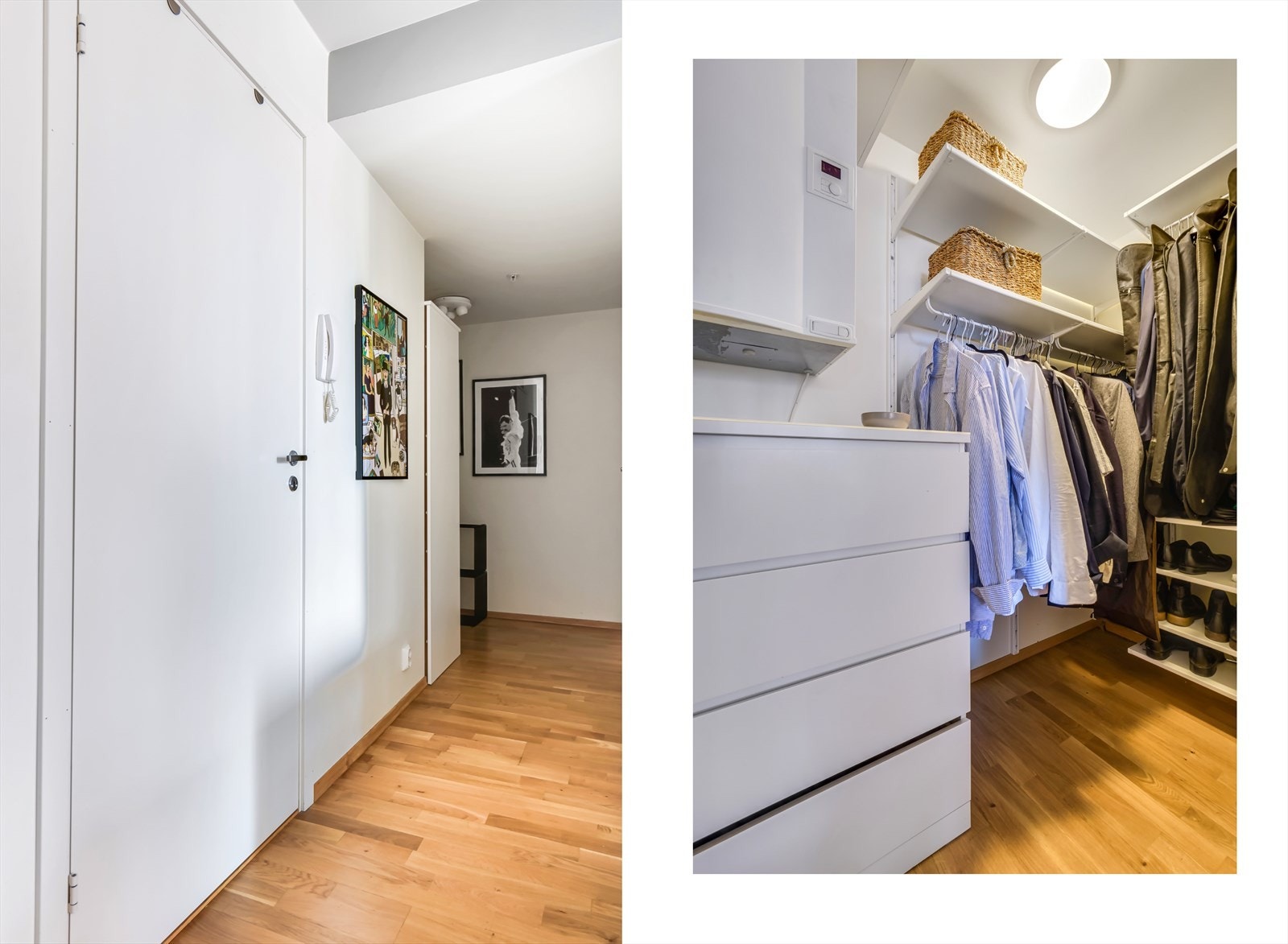 Fra entréen er det også umiddelbar tilgang til den innvendige boden, brukt som walk-in-closet. Det er dørcalling ved entré. Galleribilde