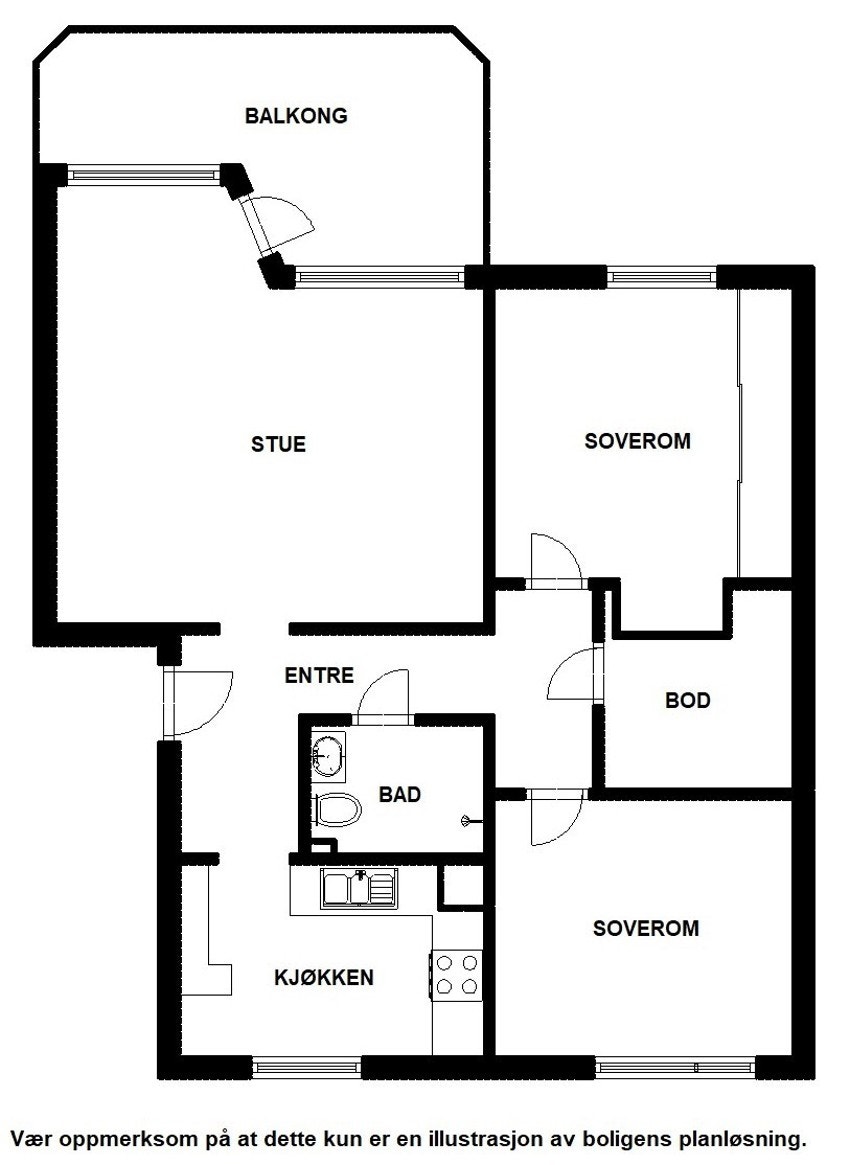 Planskisse. I tillegg disponerer leiligheten kjellerbod på 6 m². Galleribilde