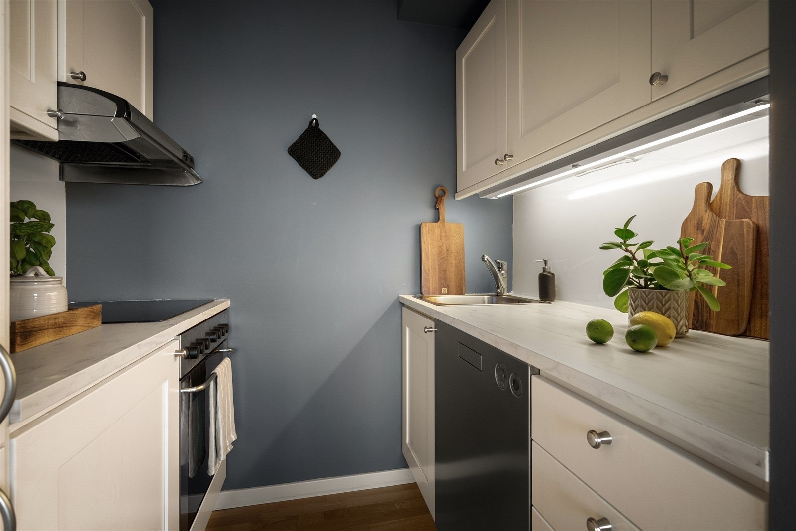 Fullverdig kjøkken med oppvaskmaskin, og mye oppbevaringsmuligheter i over- og underskap. Galleribilde