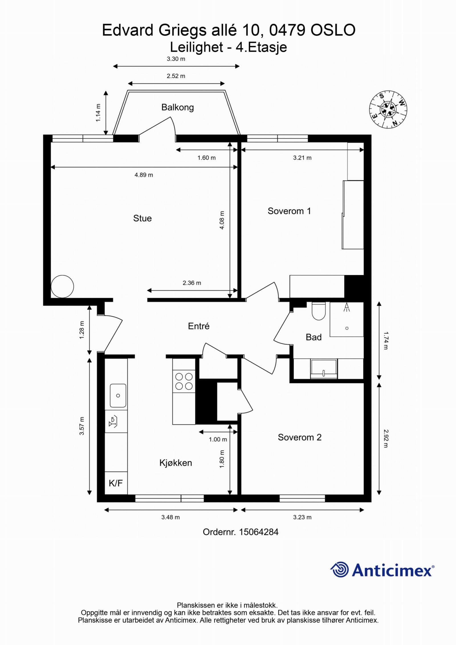 Dagens planløsning av leiligheten med kompass. Galleribilde