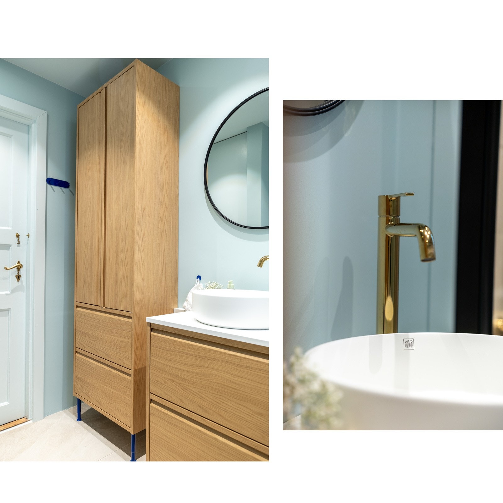 Ny og pen baderomsinnredning med ovenpåliggende servant, speil og stikkontakt på vegg Galleribilde