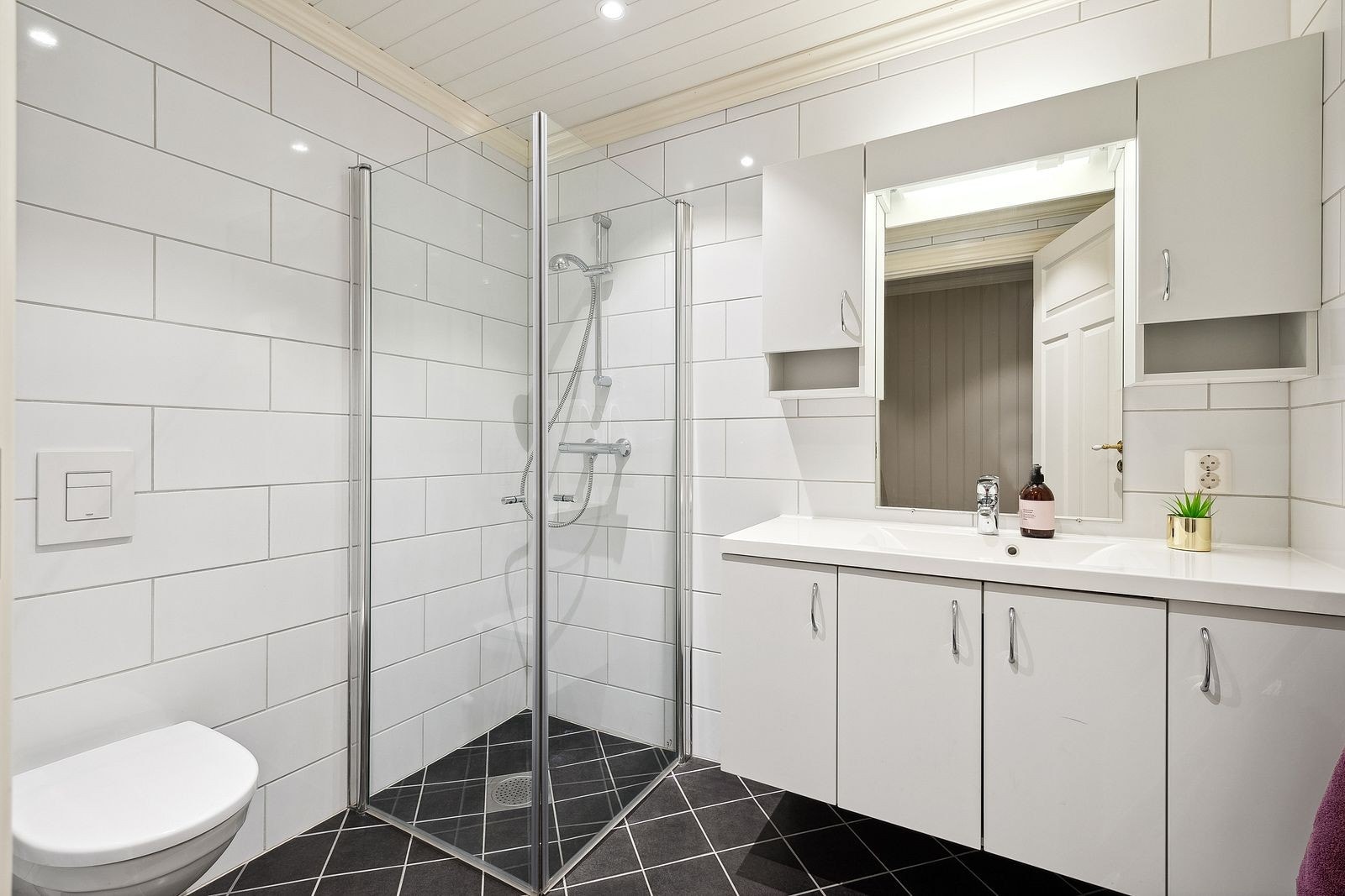 Baderommene har vegghengt toalett, dusj med innfeldbare vegger og servant på skapseksjon med speil og overskap. Downlightsbelysning i himling. Galleribilde