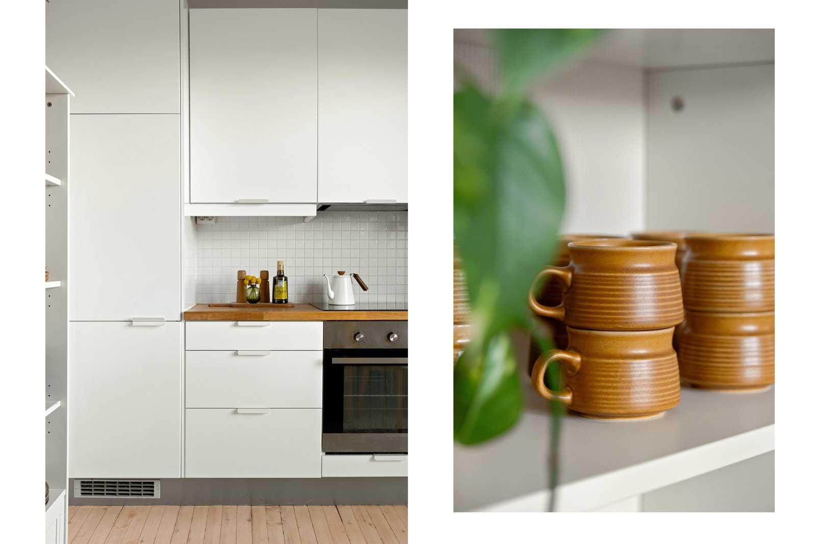 Alle hvitevarer som stekeovn, koketopp, oppvaskmaskin, kjøle- og fryseskap, er integrerte og følger med i salget. Galleribilde